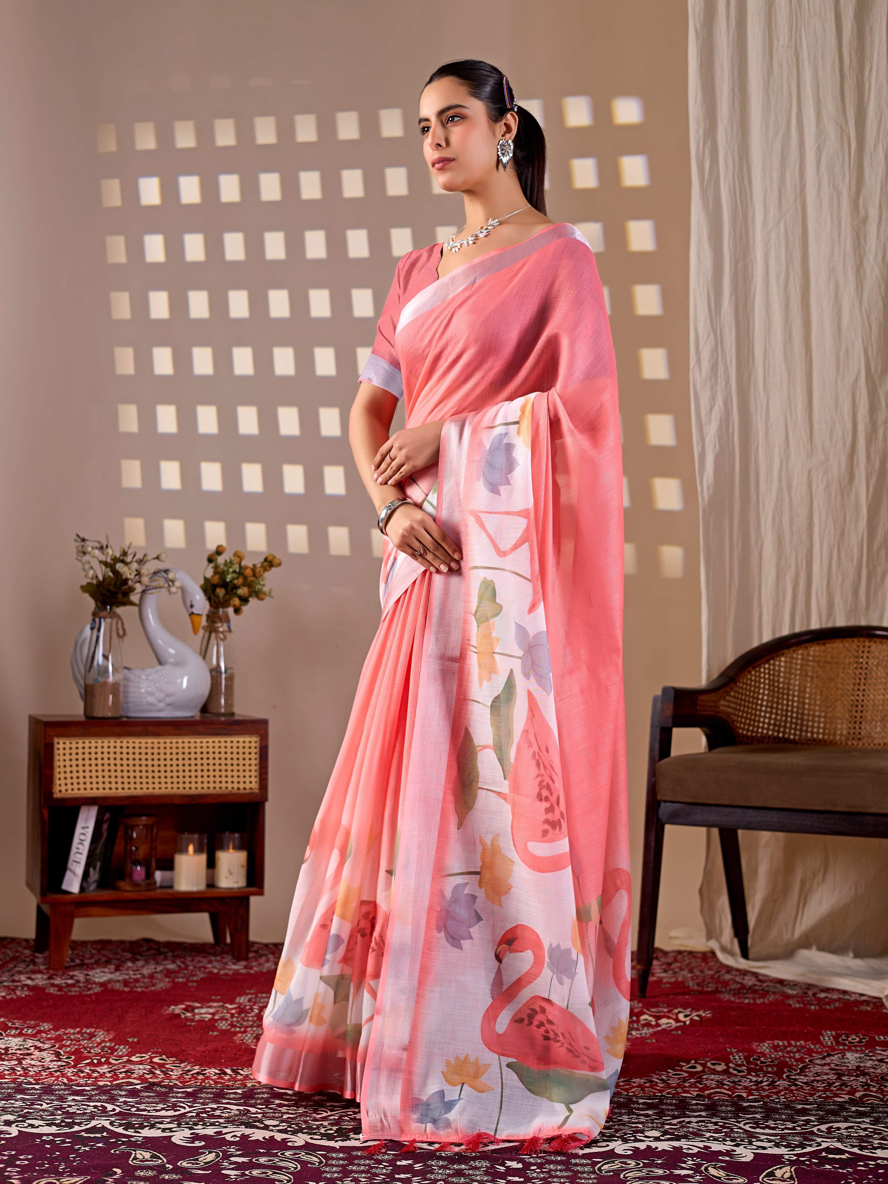 Peach Soft Linen Cotton Printed Saree with Matching Blouse