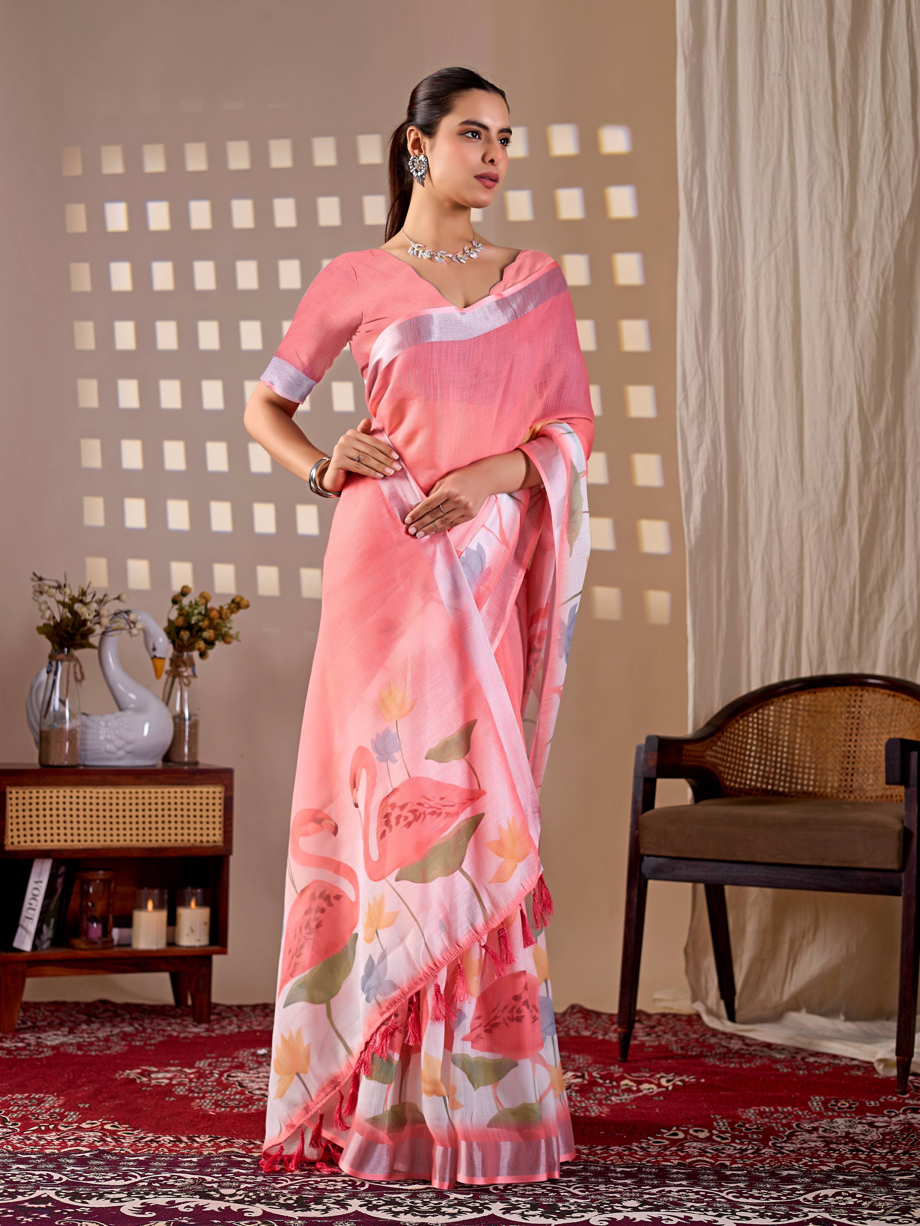 Peach Soft Linen Cotton Printed Saree with Matching Blouse