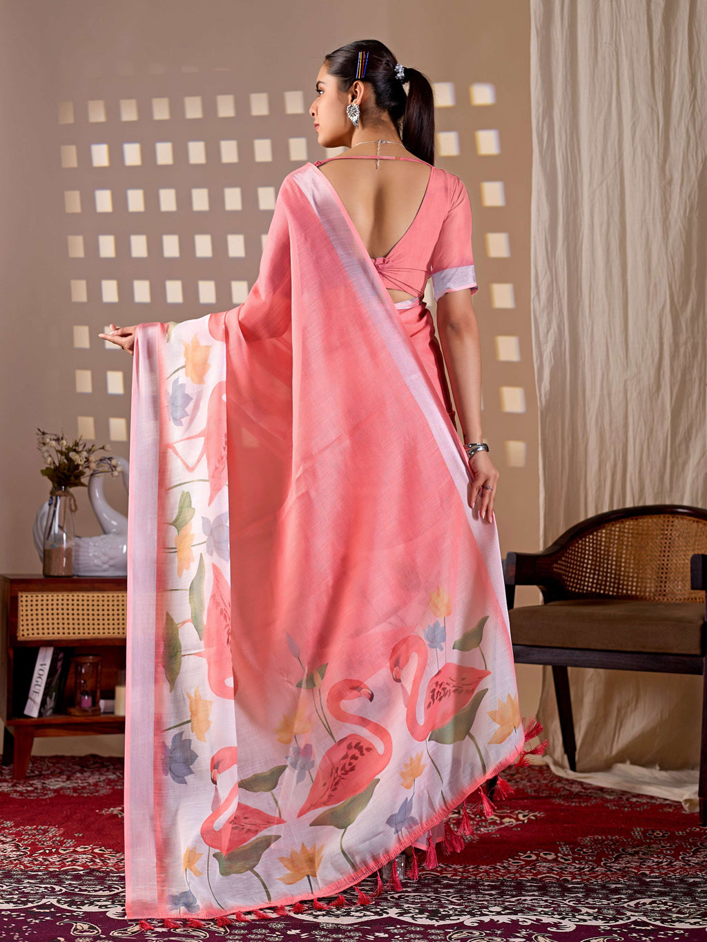 Peach Soft Linen Cotton Printed Saree with Matching Blouse
