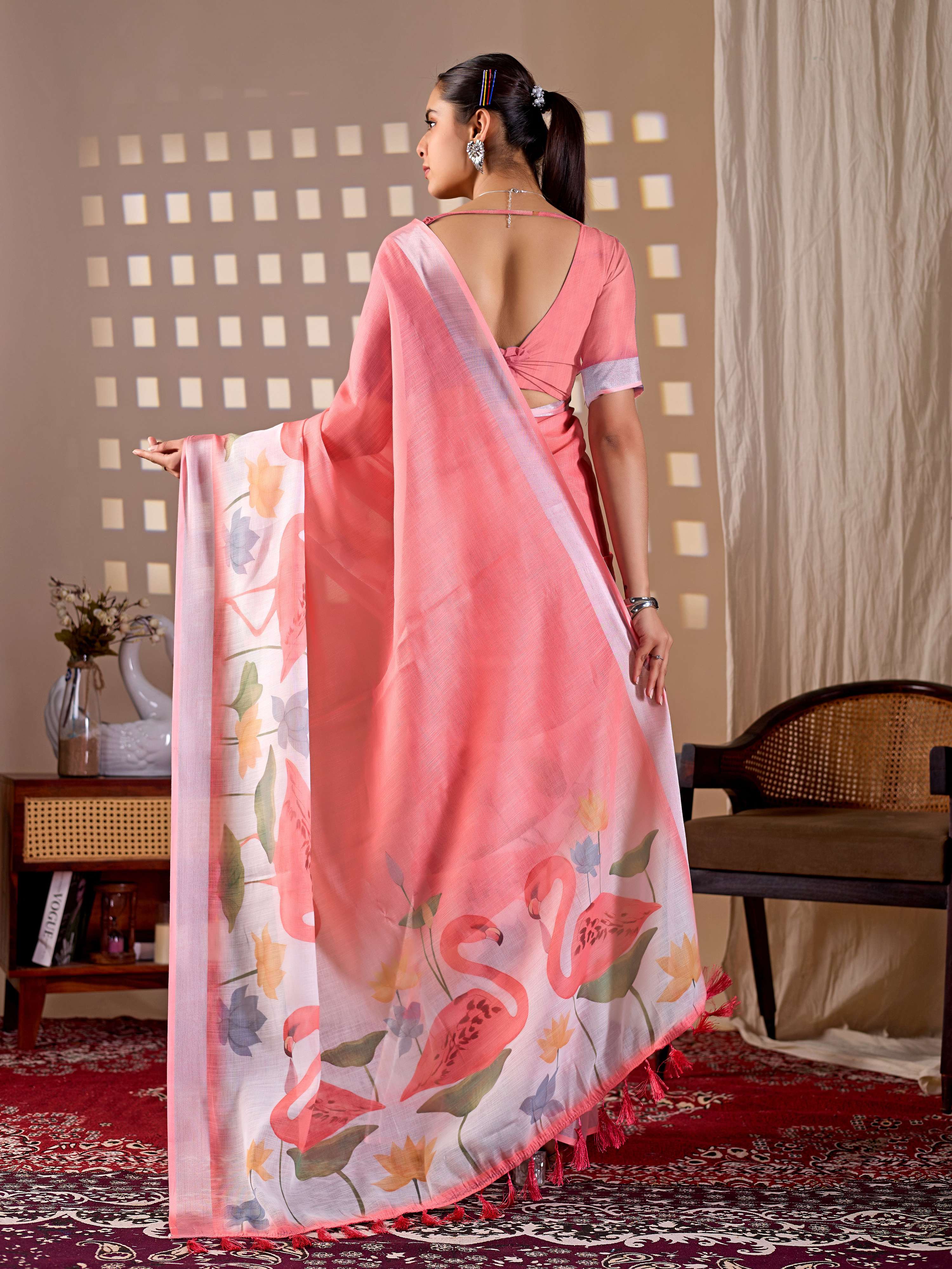Peach Soft Linen Cotton Printed Saree with Matching Blouse