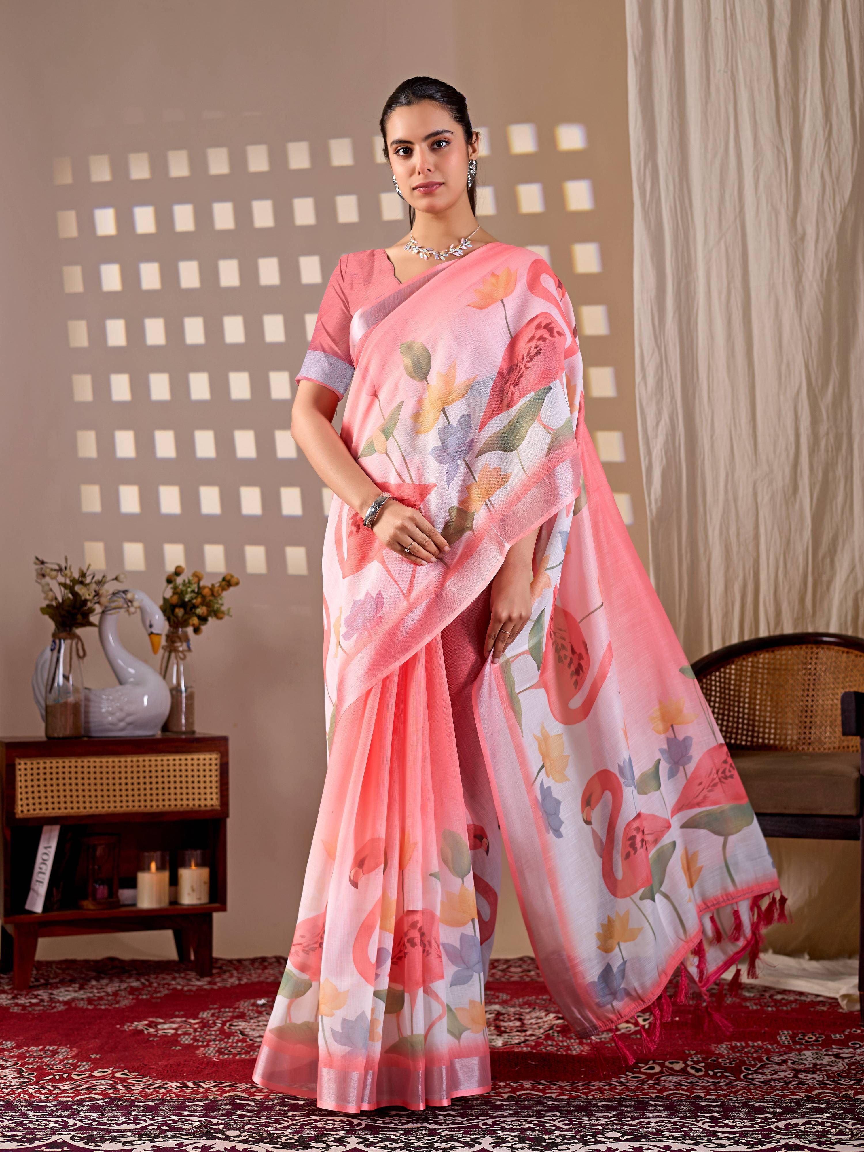 Peach soft linen cotton printed saree with matching blouse
