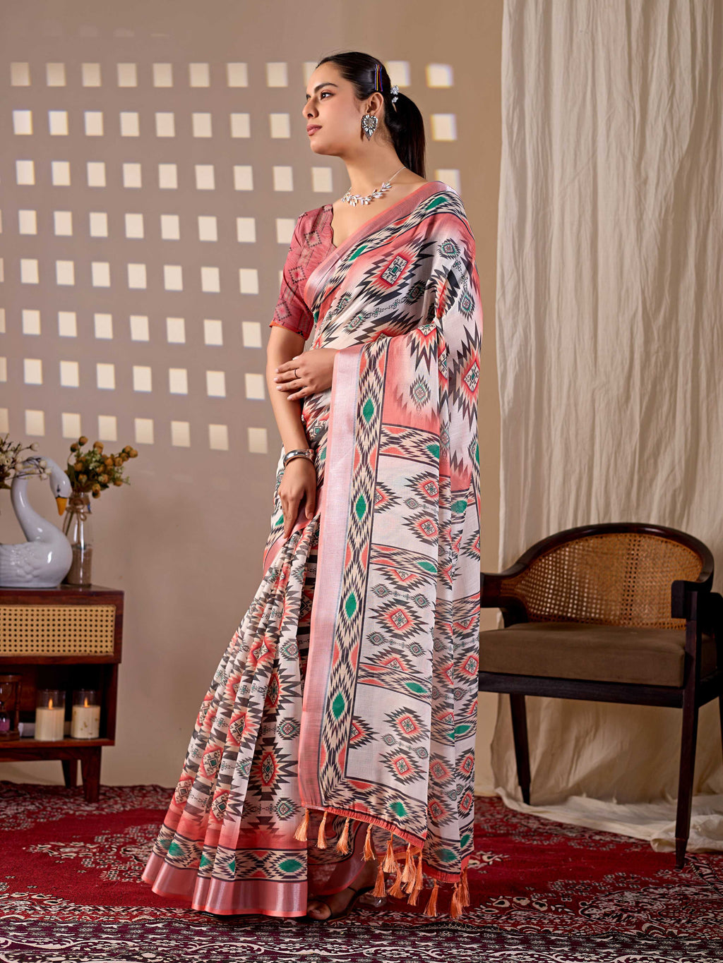 Multi Color Soft Linen Cotton Printed Saree with Blouse Piece