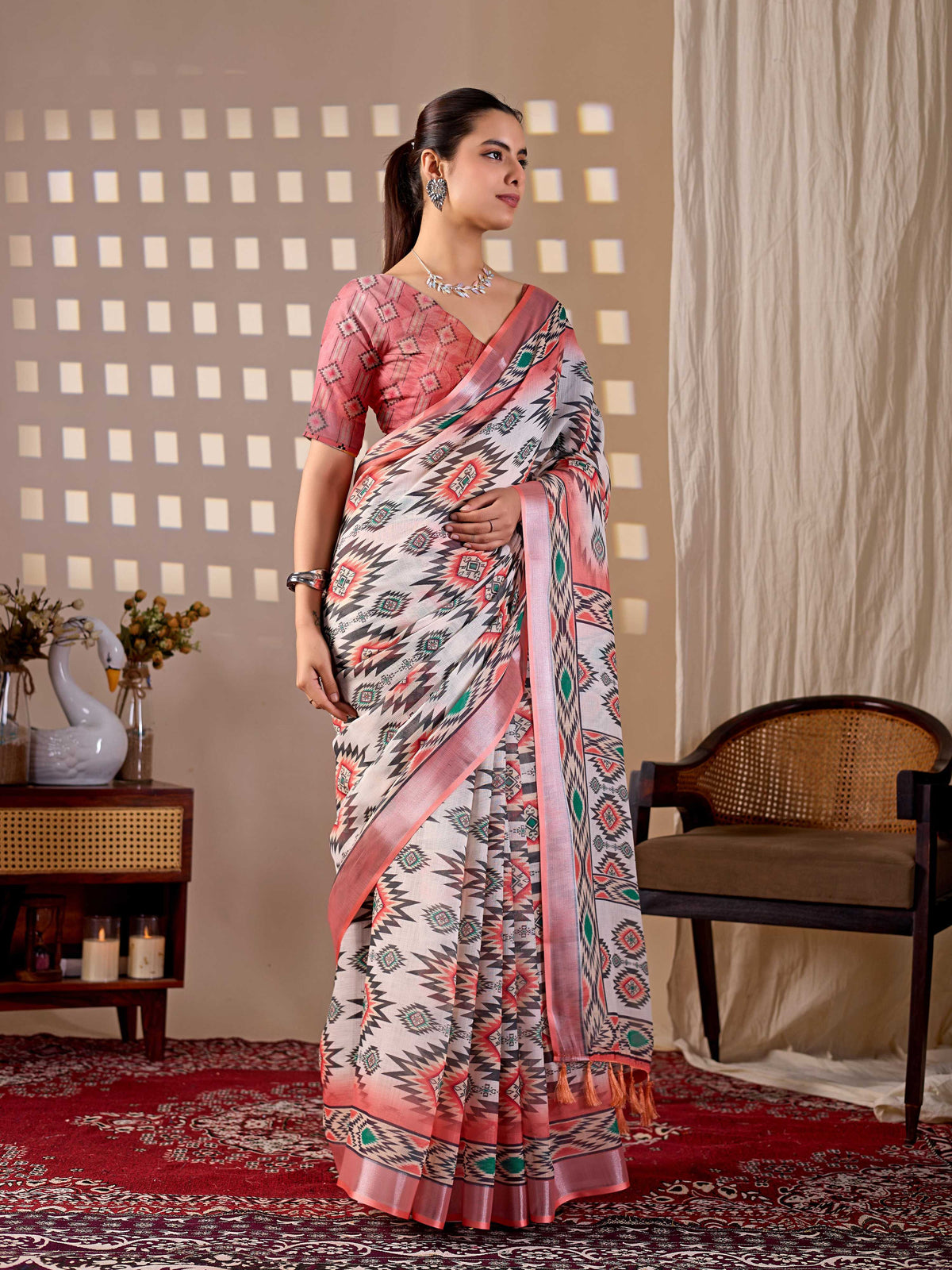 Multi Color Soft Linen Cotton Printed Saree with Blouse Piece