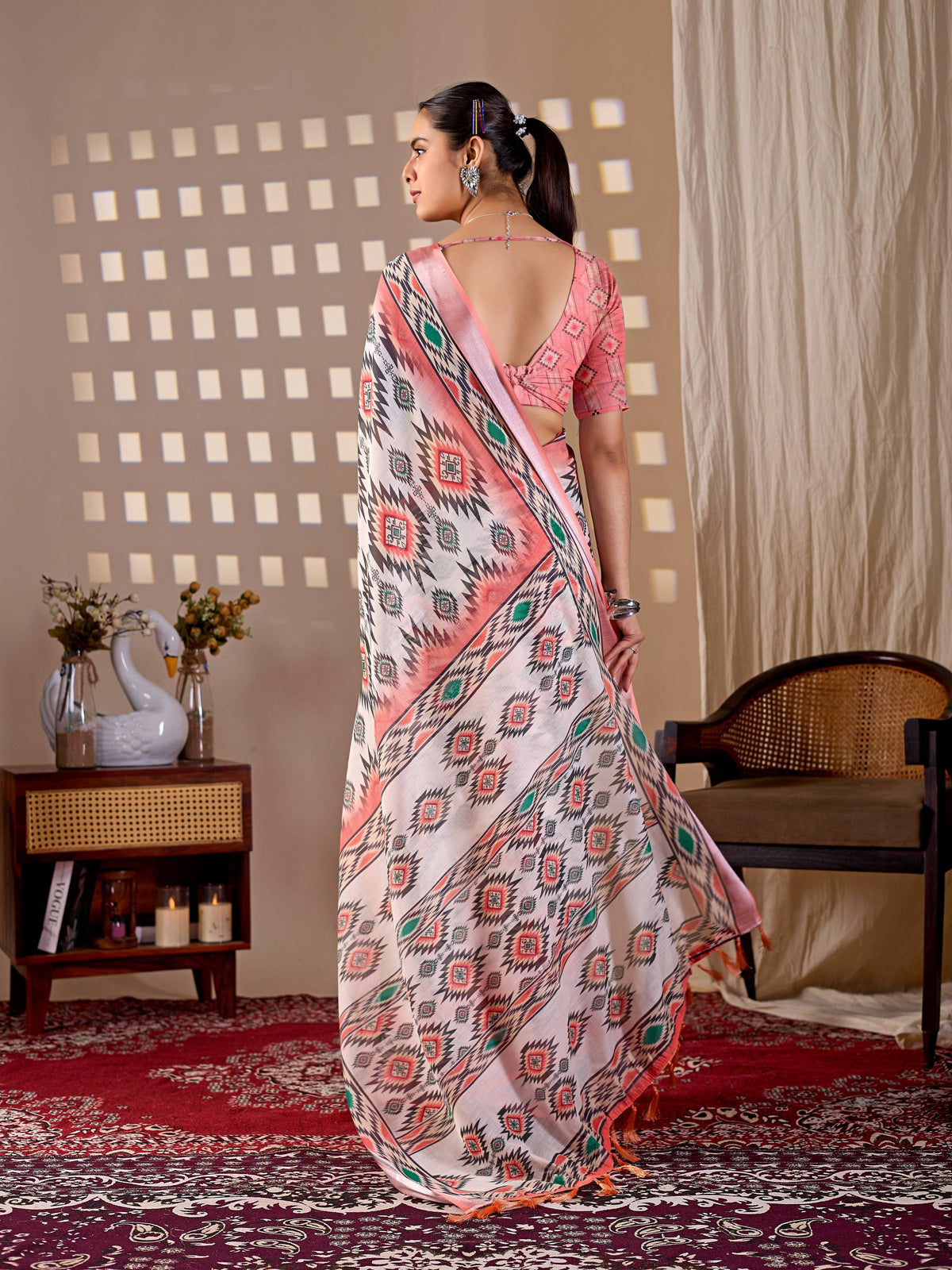 Multi Color Soft Linen Cotton Printed Saree with Blouse Piece