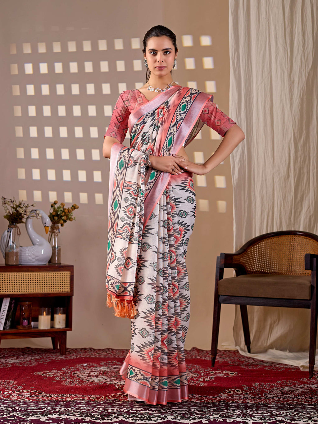 Multi Color Soft Linen Cotton Printed Saree with Blouse Piece