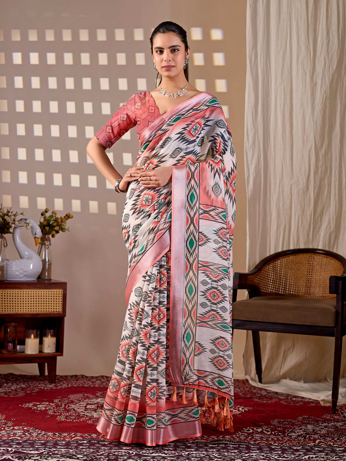 Multi-color printed soft linen cotton saree with matching blouse piece