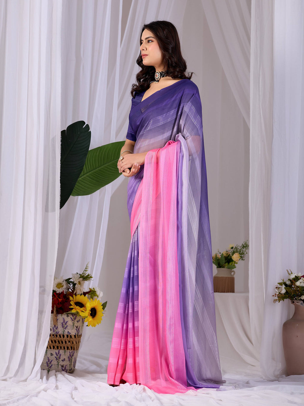 Multi Monsoon Printed Saree with Contrast Purple Blouse Piece