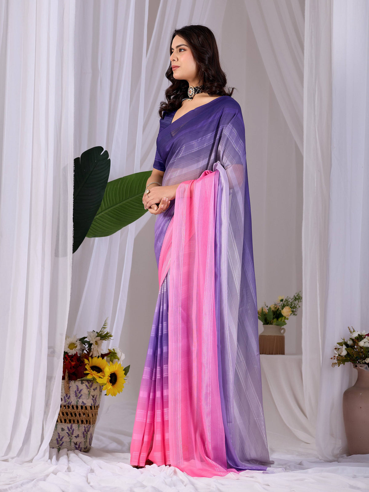 Multi Monsoon Printed Saree with Contrast Purple Blouse Piece