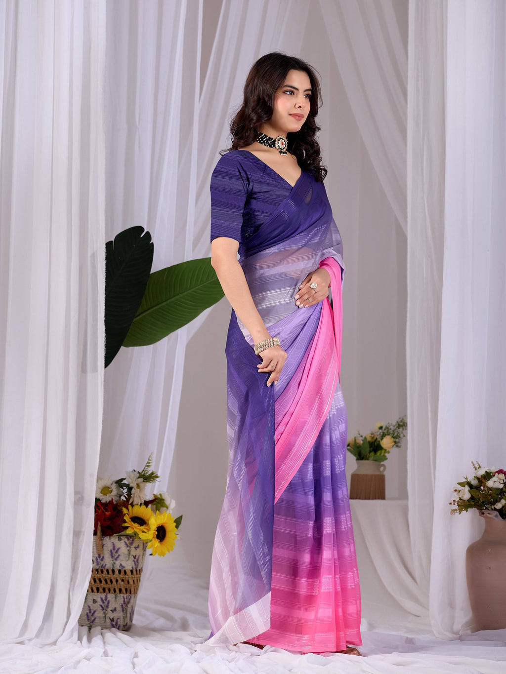 Multi Monsoon Printed Saree with Contrast Purple Blouse Piece