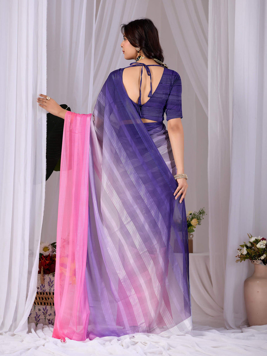 Multi Monsoon Printed Saree with Contrast Purple Blouse Piece