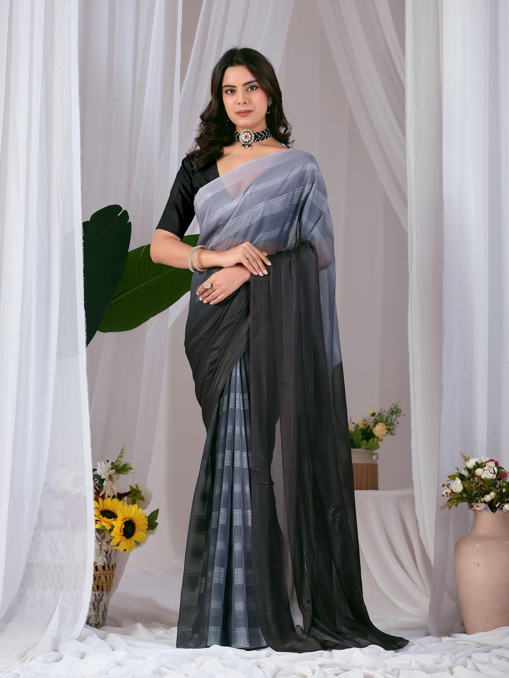 Multi-color Monsoon print saree with a contrast black blouse