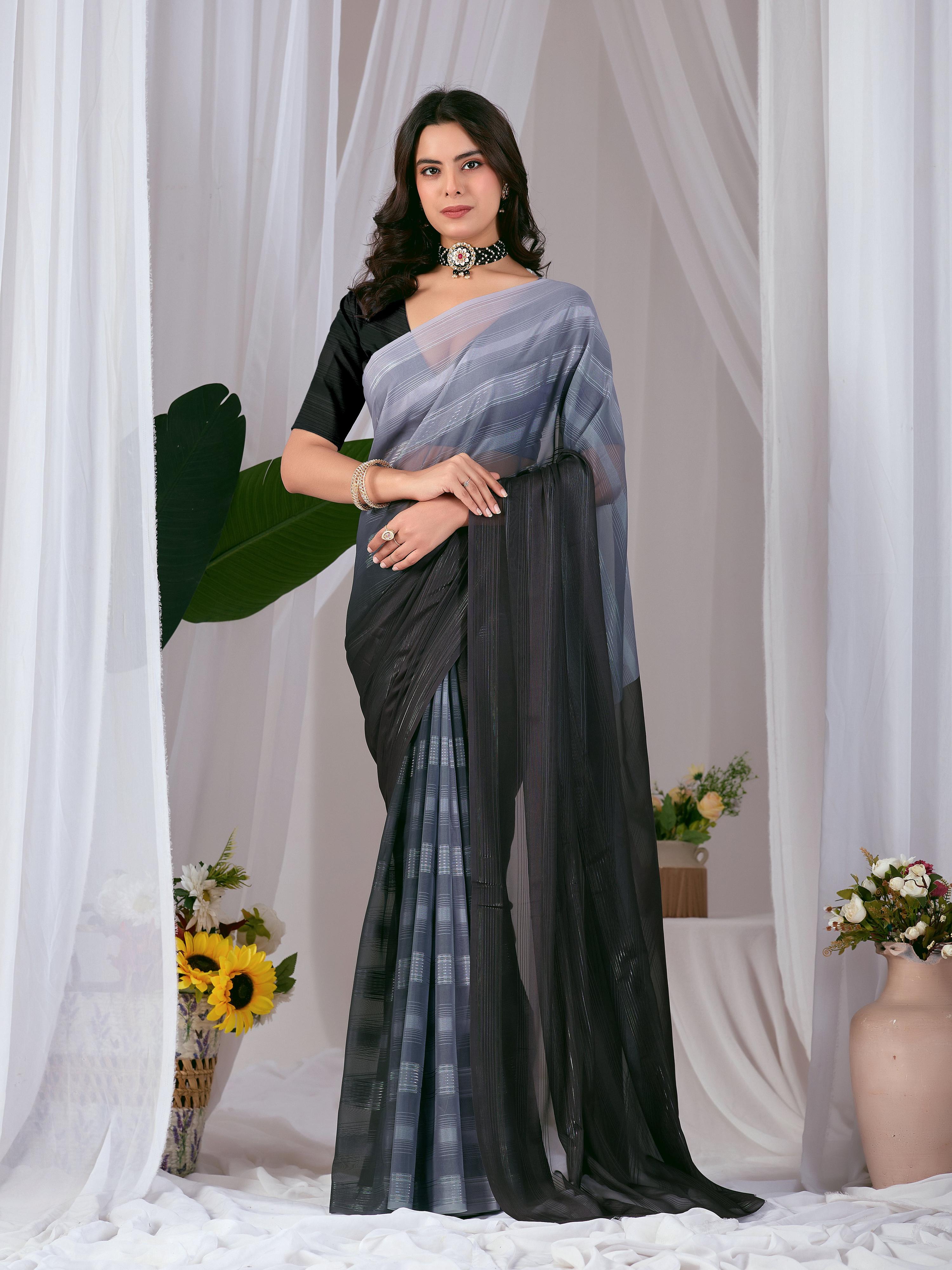 Multi-color Monsoon print saree with a contrast black blouse
