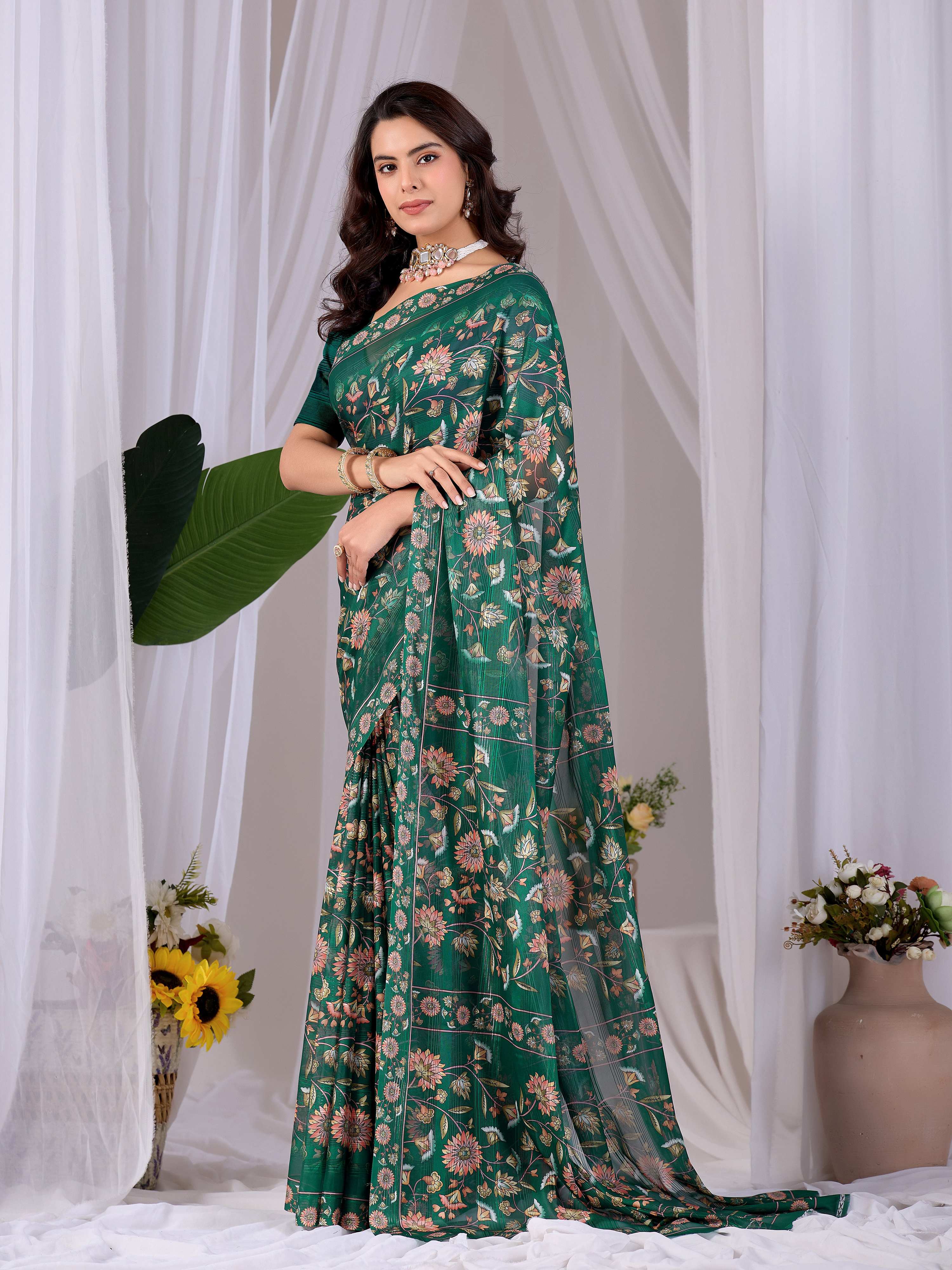Green Monsoon Printed Saree with Matching Blouse