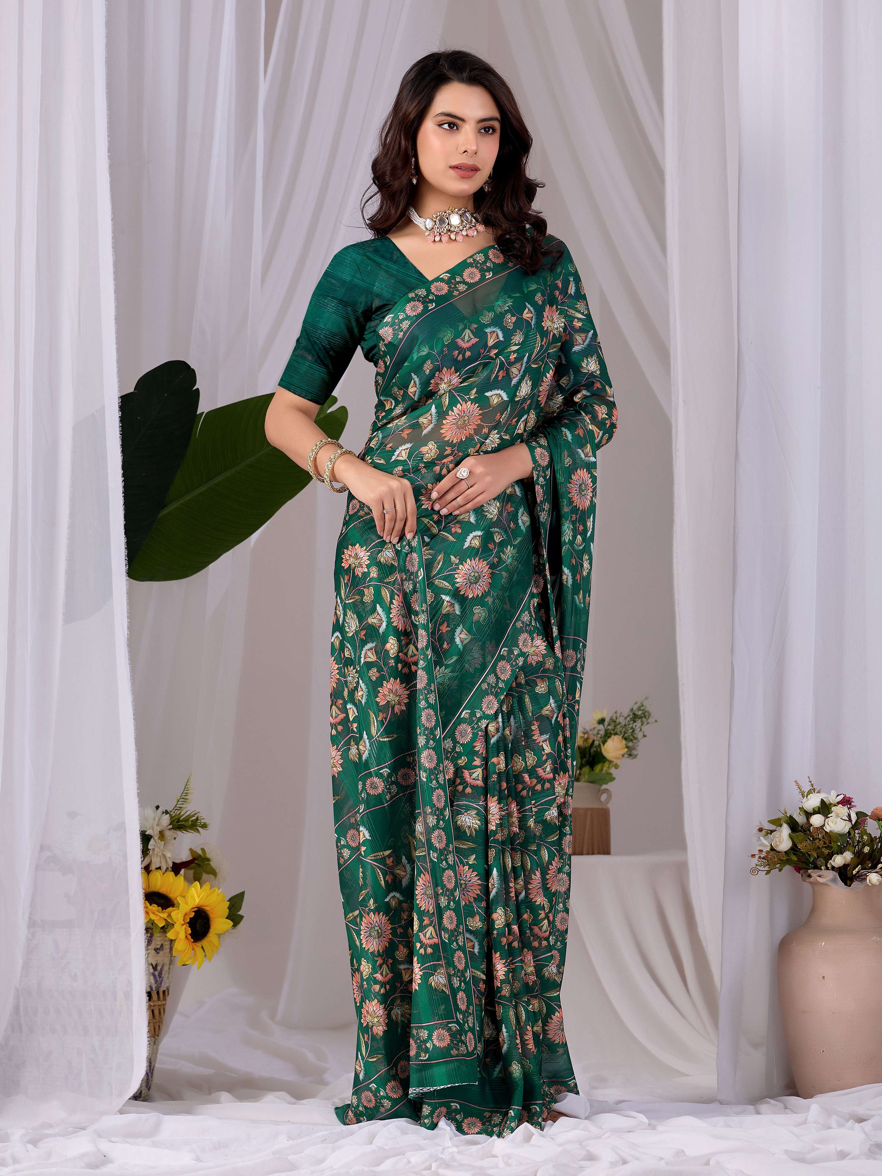 Green Monsoon Printed Saree with Matching Blouse