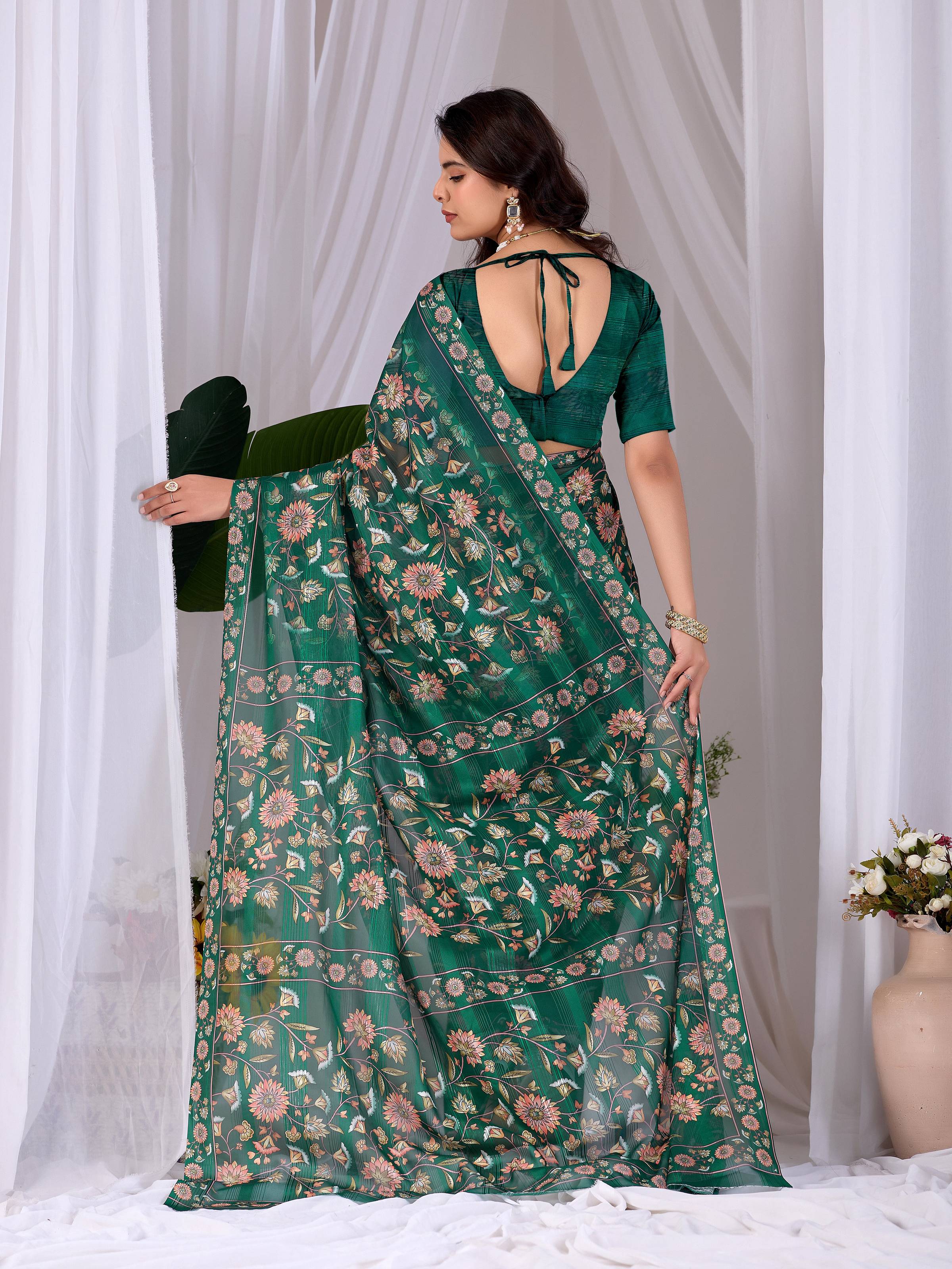 Green Monsoon Printed Saree with Matching Blouse