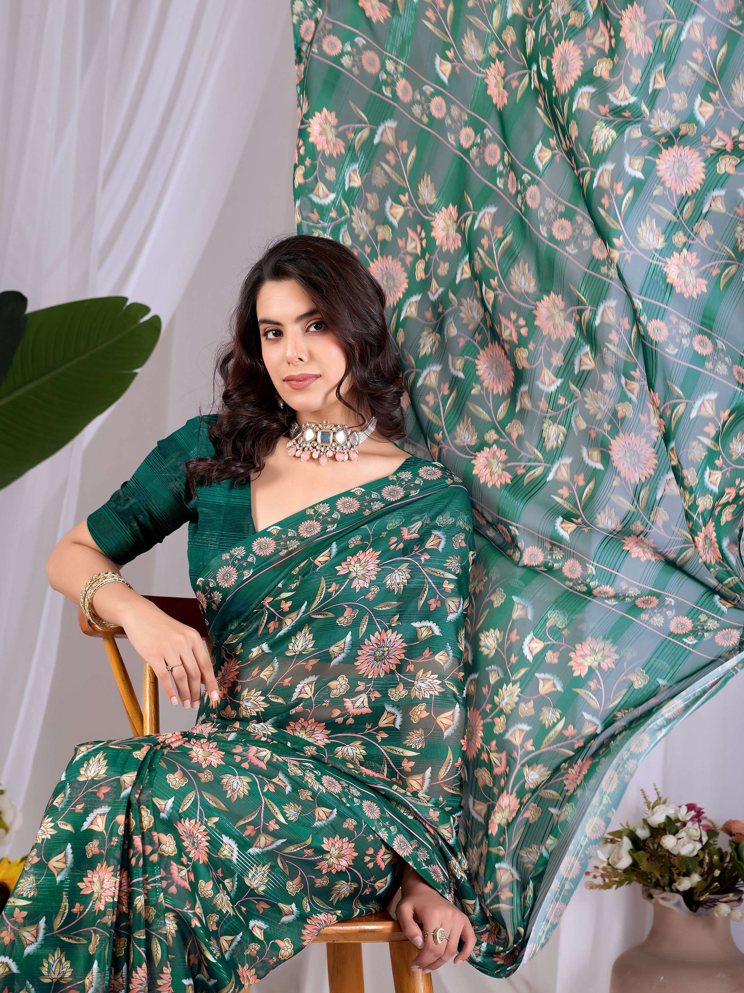 Green Monsoon Printed Saree with Matching Blouse