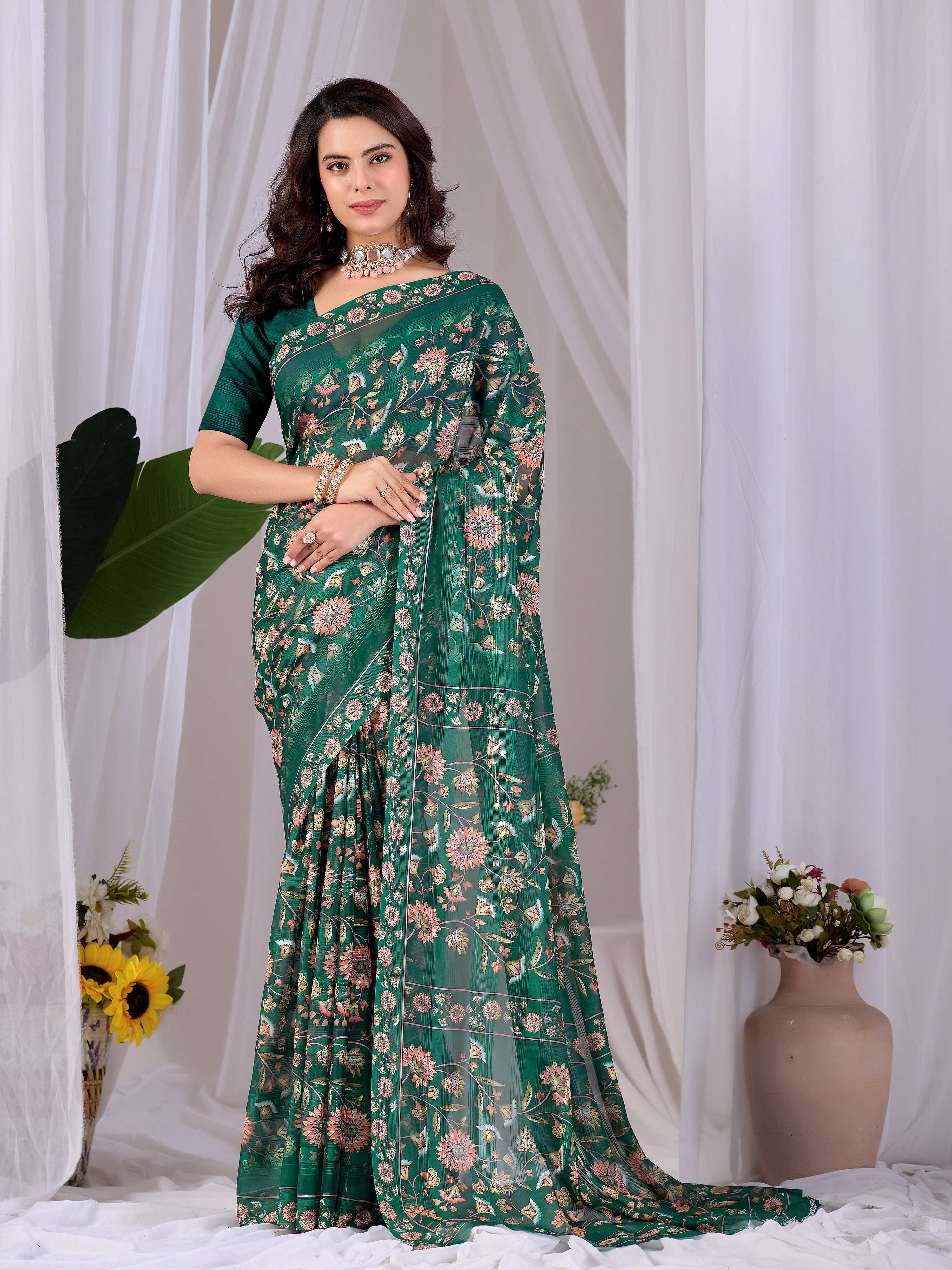 Green saree with Monsoon print and matching blouse