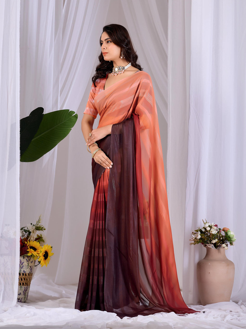 Multi Monsoon Printed Saree with Peach Blouse Piece Set