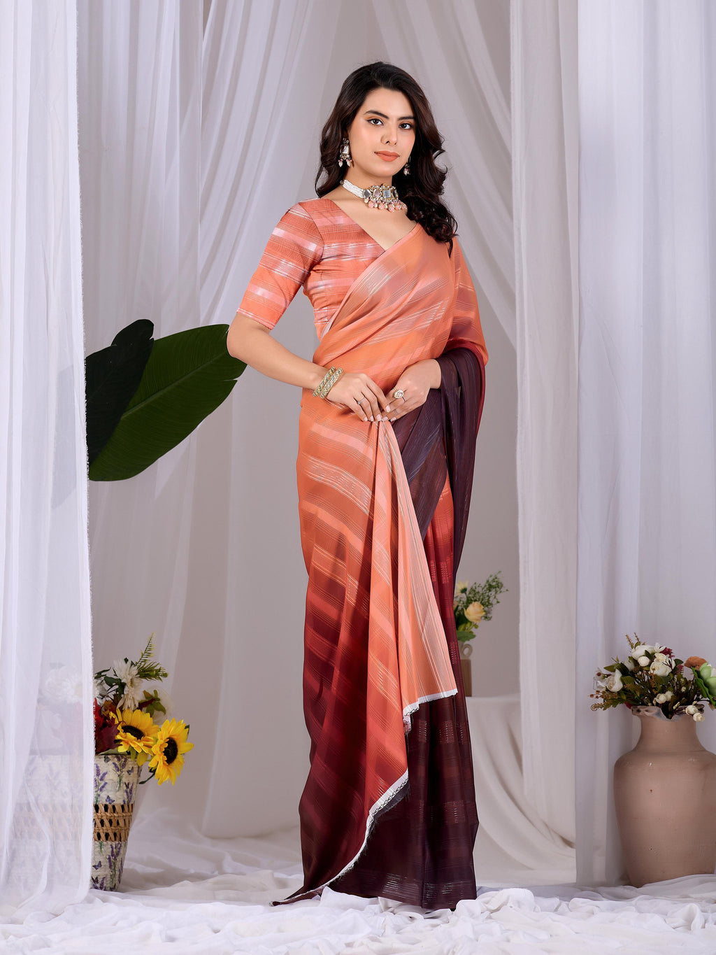 Multi Monsoon Printed Saree with Peach Blouse Piece Set