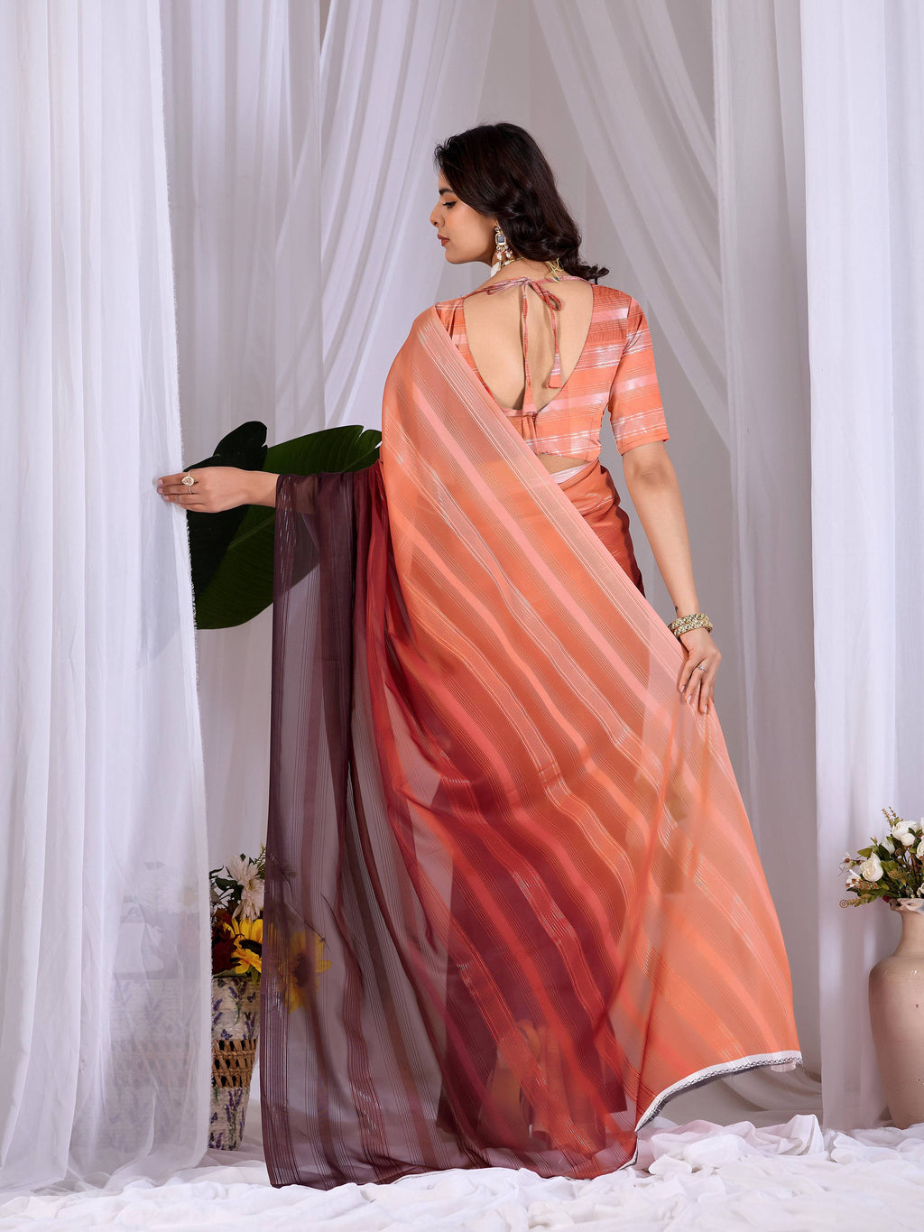 Multi Monsoon Printed Saree with Peach Blouse Piece Set