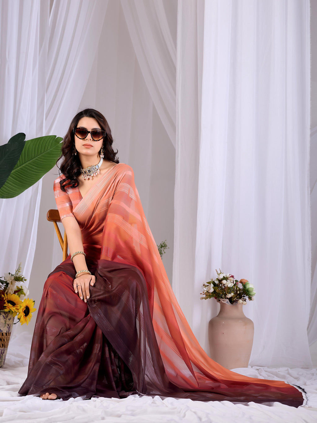 Multi Monsoon Printed Saree with Peach Blouse Piece Set