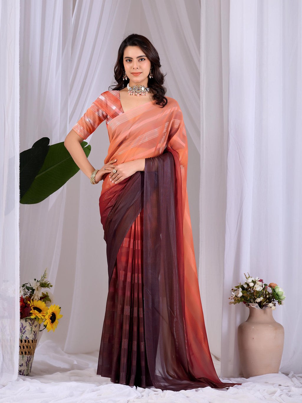 Aastha Fashion Multi Monsoon Printed Saree with an elegant peach blouse piece displayed on a neutral background.