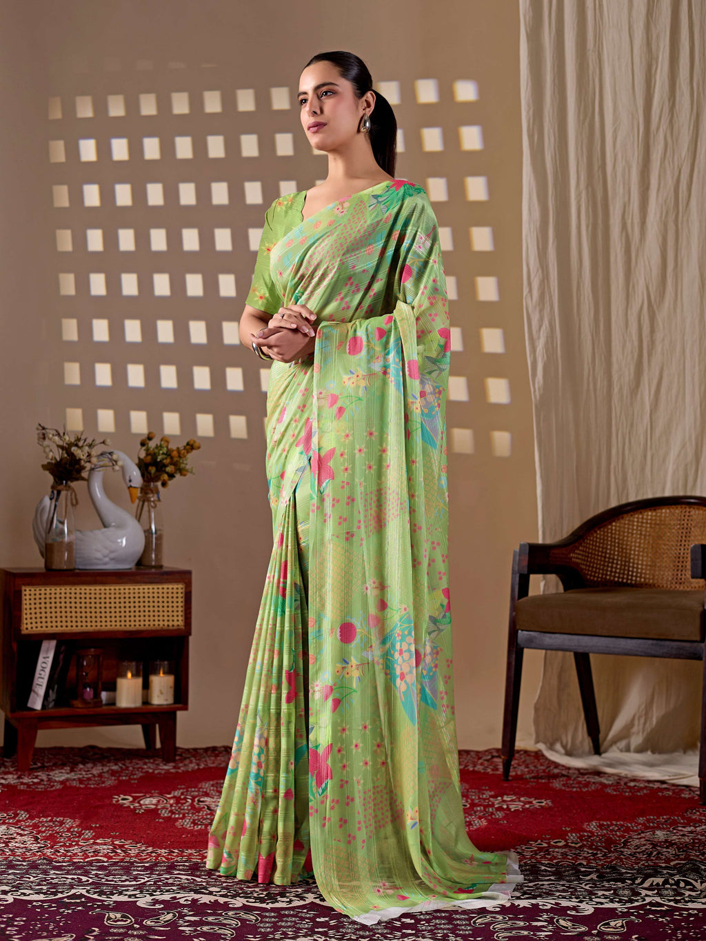 Aastha Fashion Pista Monsoon printed saree with matching blouse piece draped elegantly