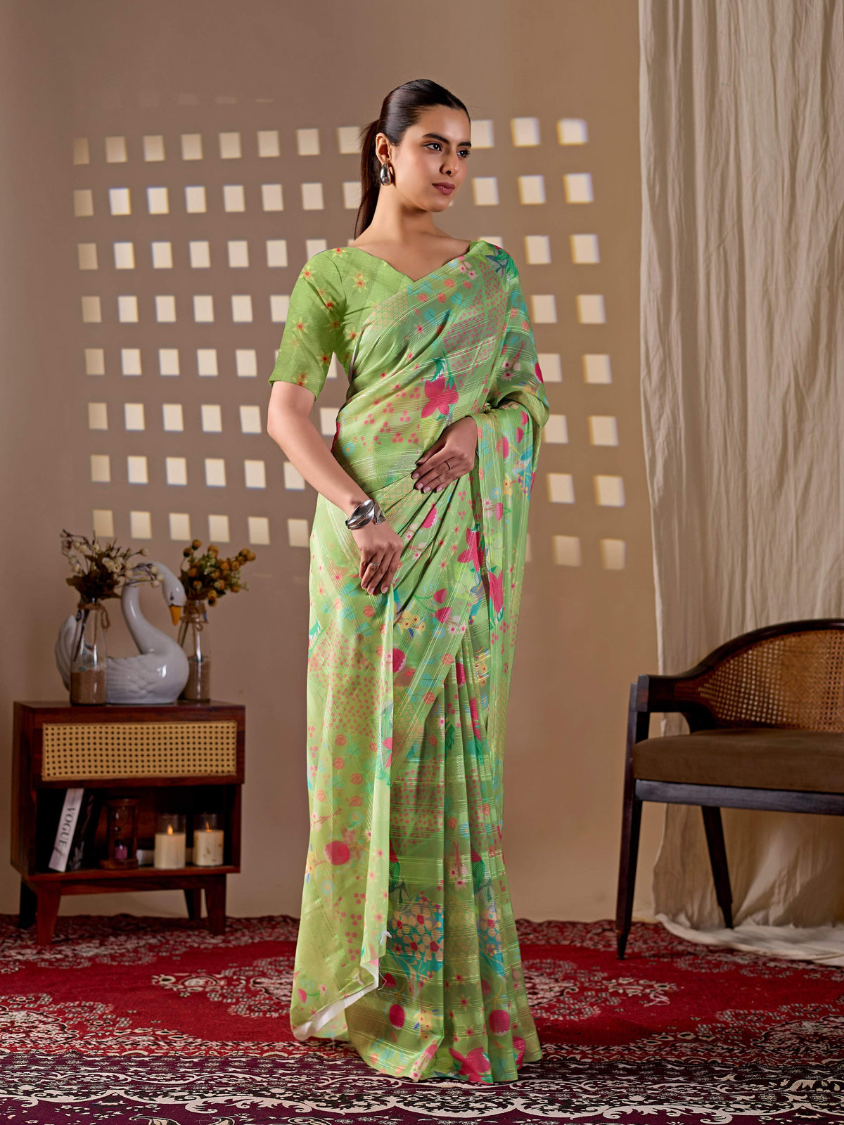 Pista Monsoon Printed Saree with Matching Blouse Piece