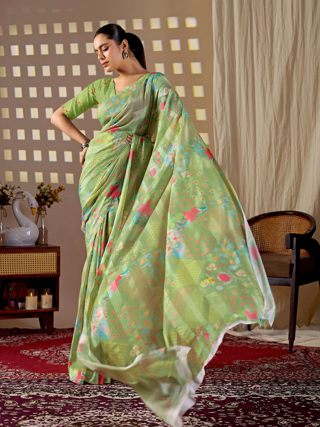 Pista Monsoon Printed Saree with Matching Blouse Piece
