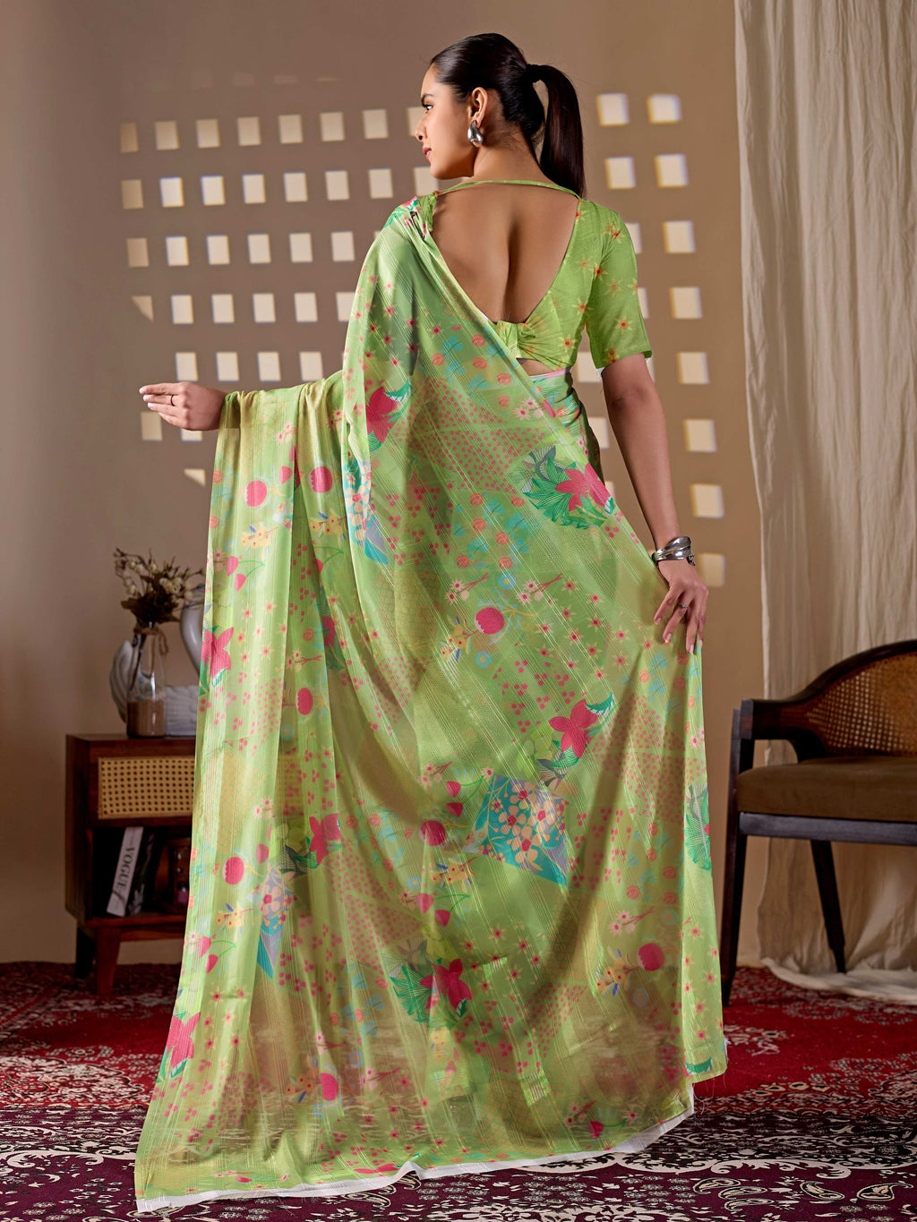 Pista Monsoon Printed Saree with Matching Blouse Piece