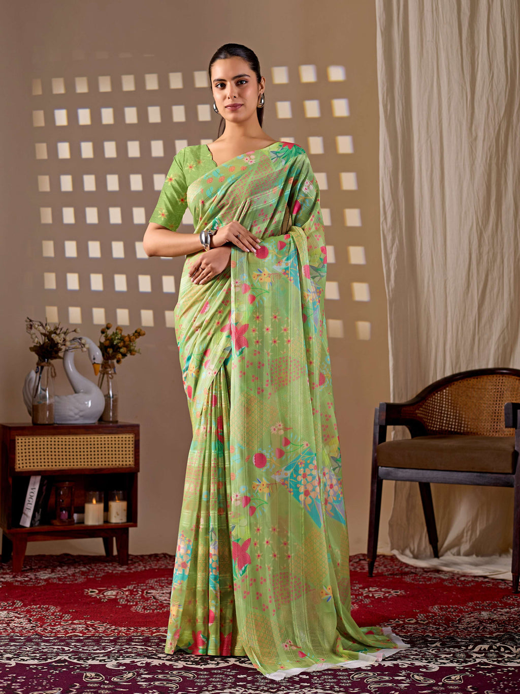 Pista Monsoon Printed Saree with Matching Blouse Piece