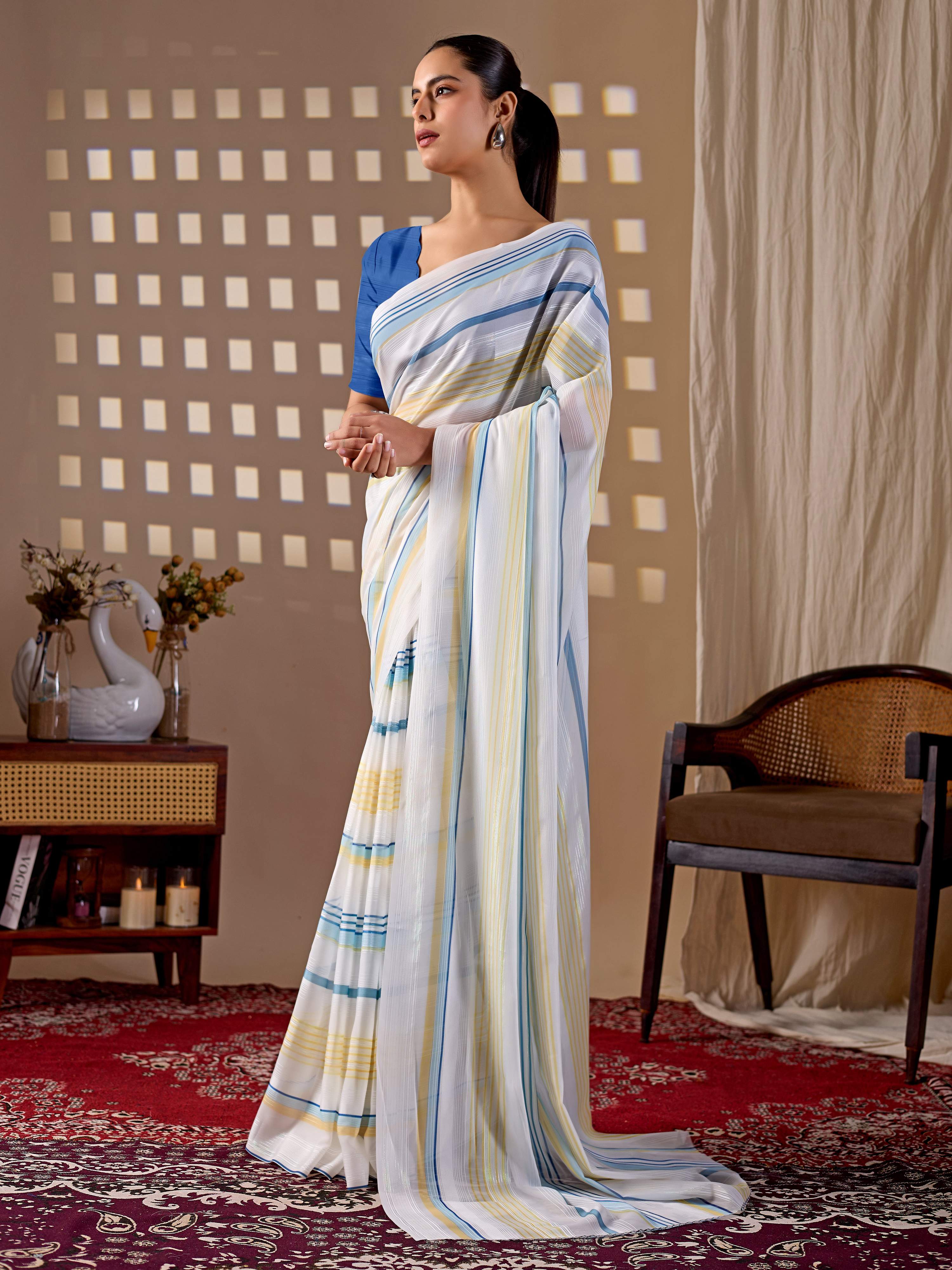 White Monsoon Printed Saree with Blue Blouse Piece