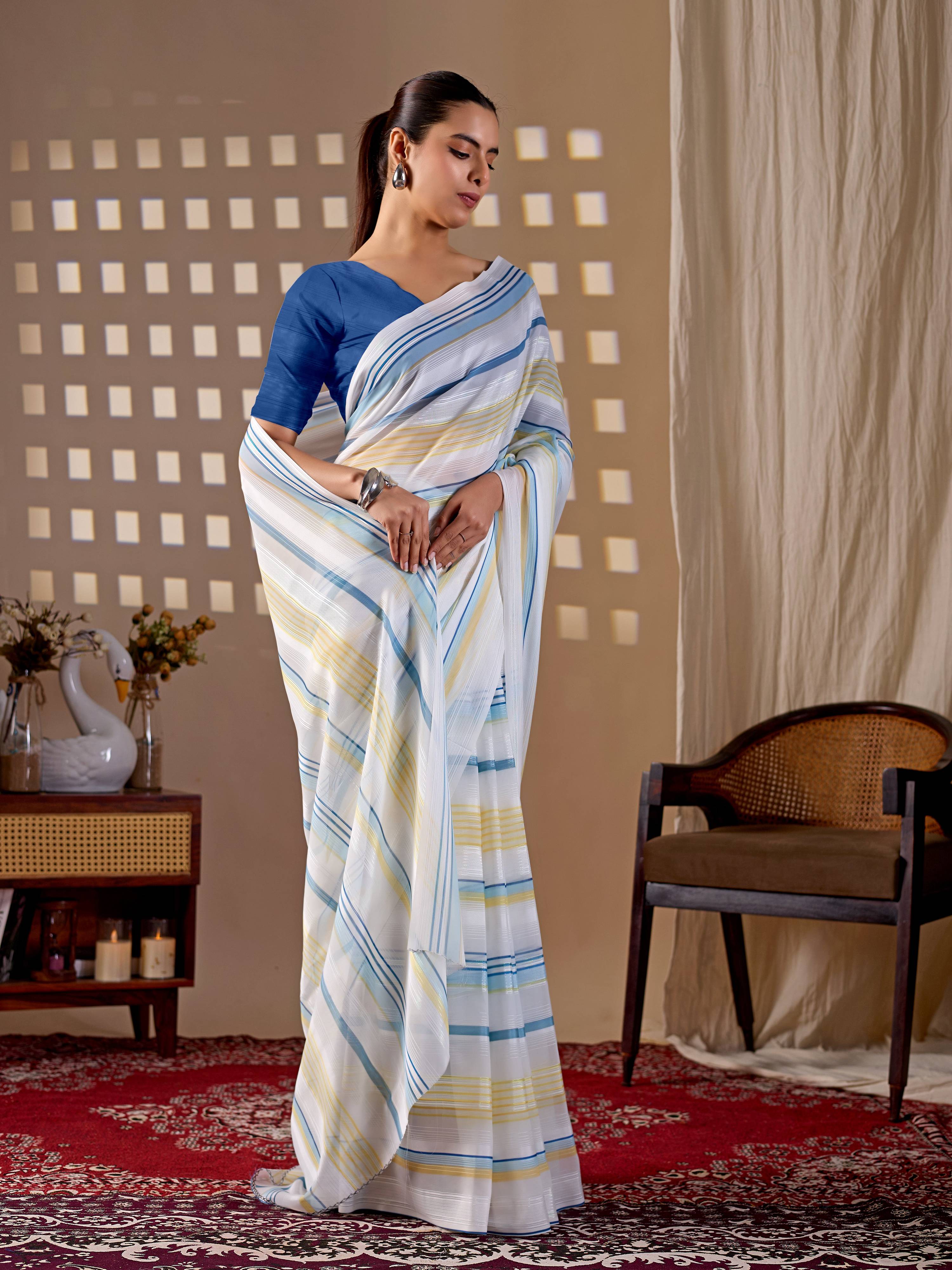 White Monsoon Printed Saree with Blue Blouse Piece