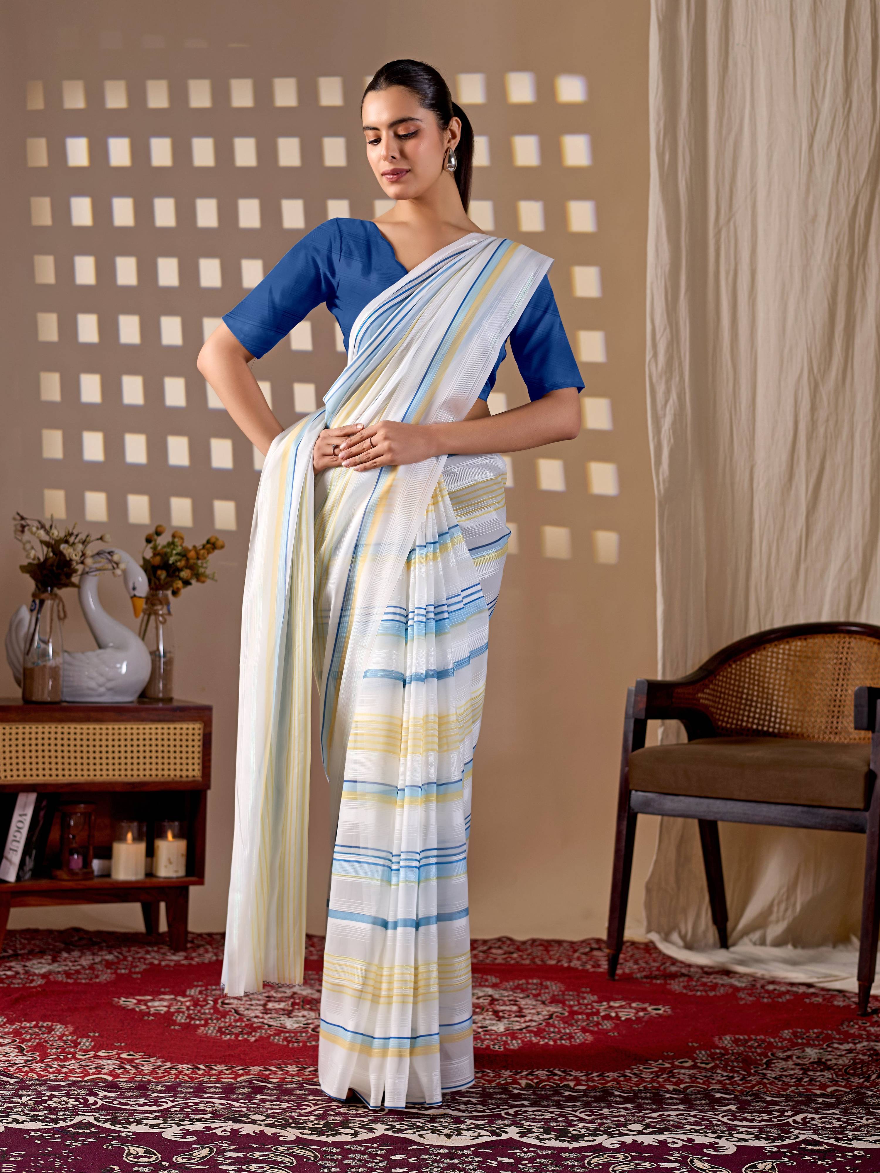 White Monsoon Printed Saree with Blue Blouse Piece