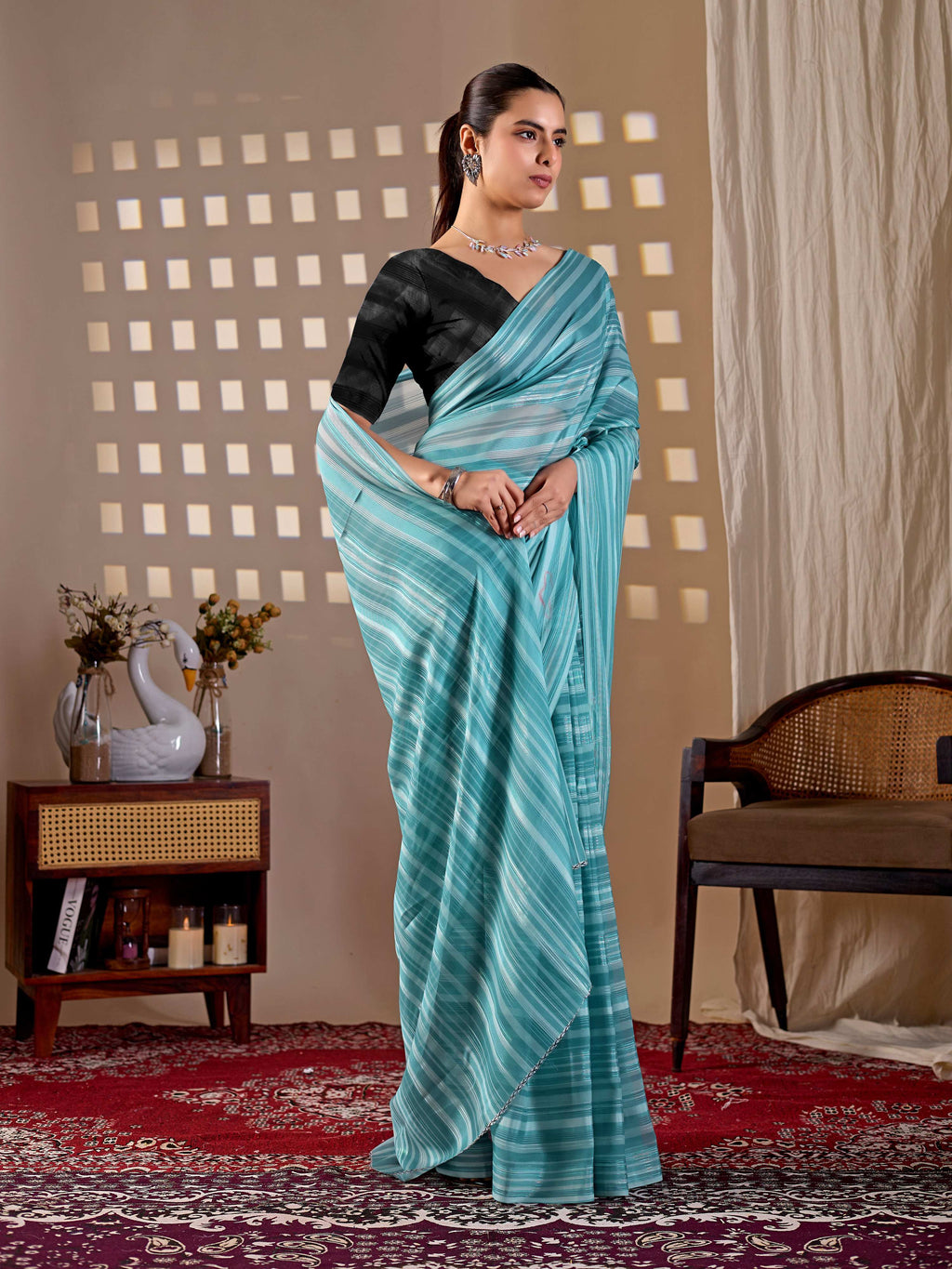 See Green Monsoon Printed Saree with Black Blouse