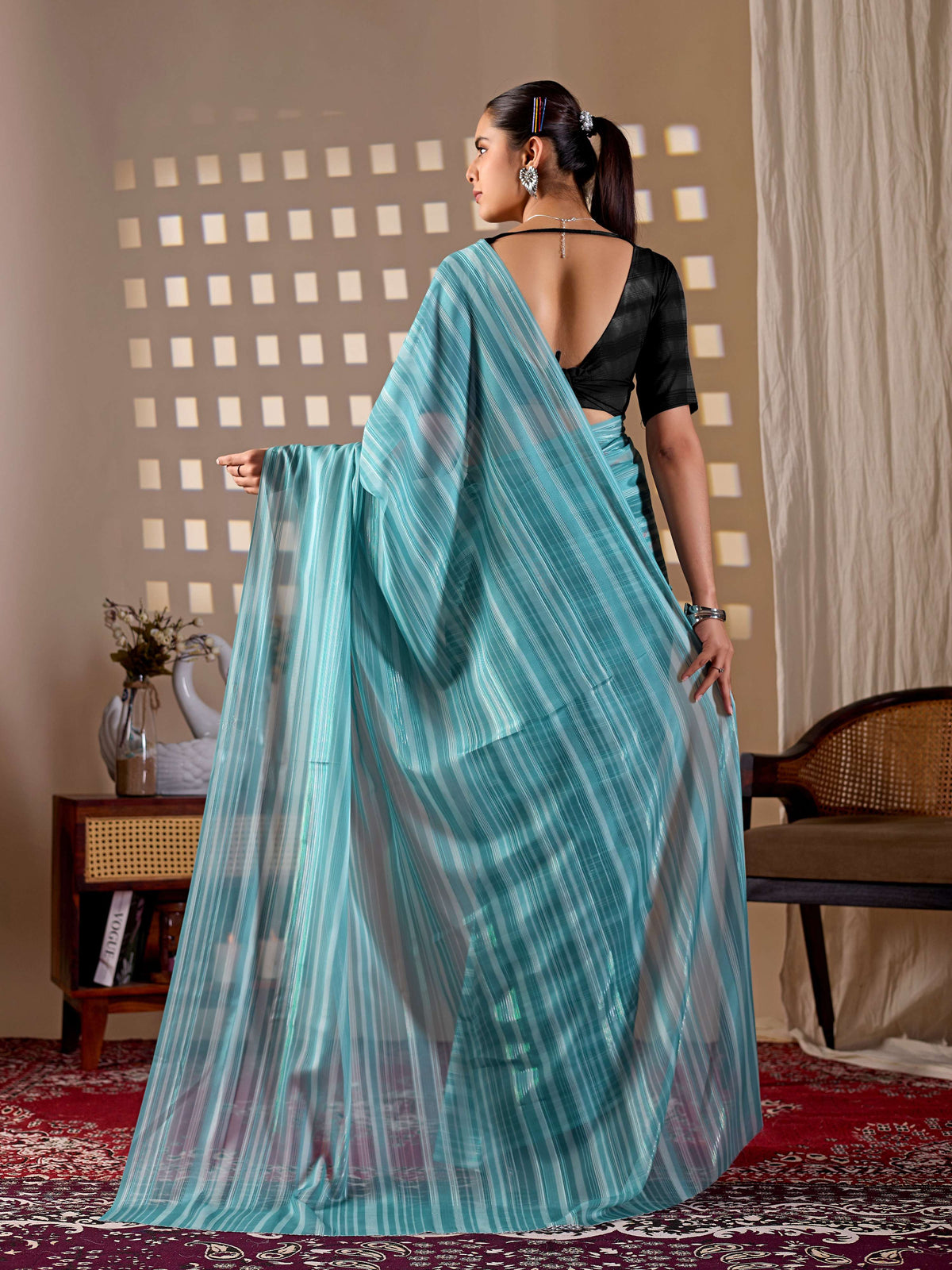 See Green Monsoon Printed Saree with Black Blouse