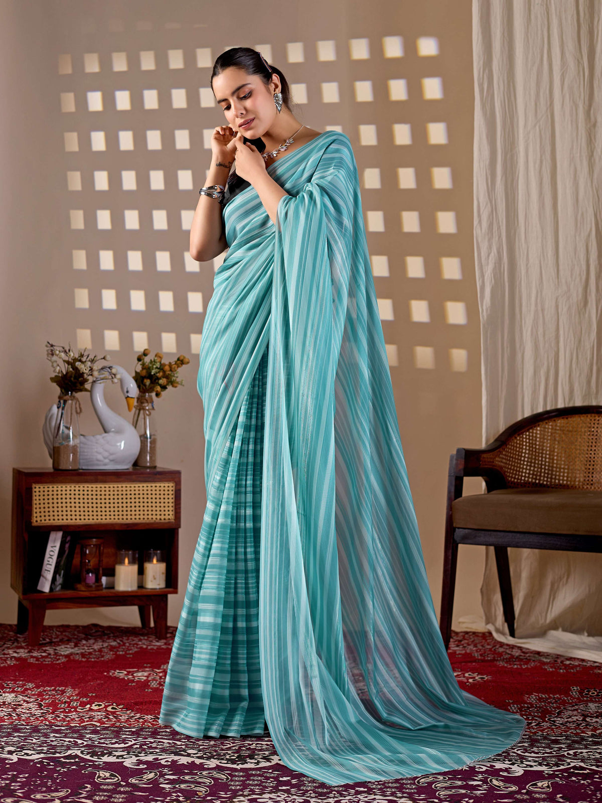 See Green Monsoon Printed Saree with Black Blouse