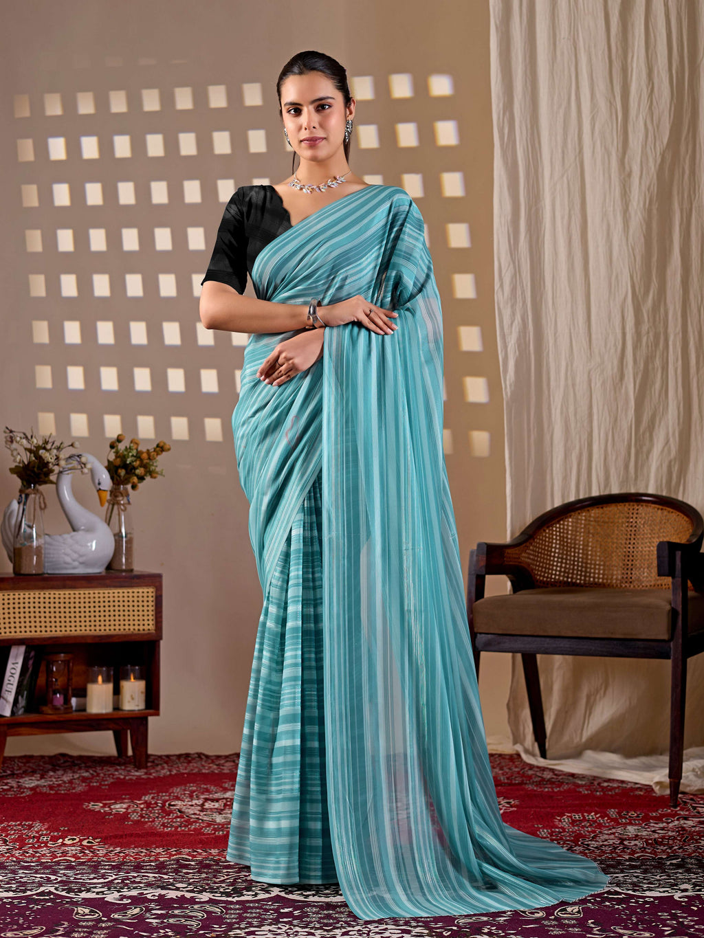 See Green Monsoon Printed Saree with Black Blouse