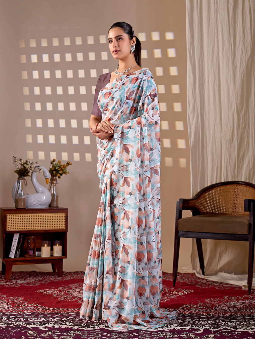 Multi Monsoon Printed Saree with Light Brown Blouse - 5.5 Meter