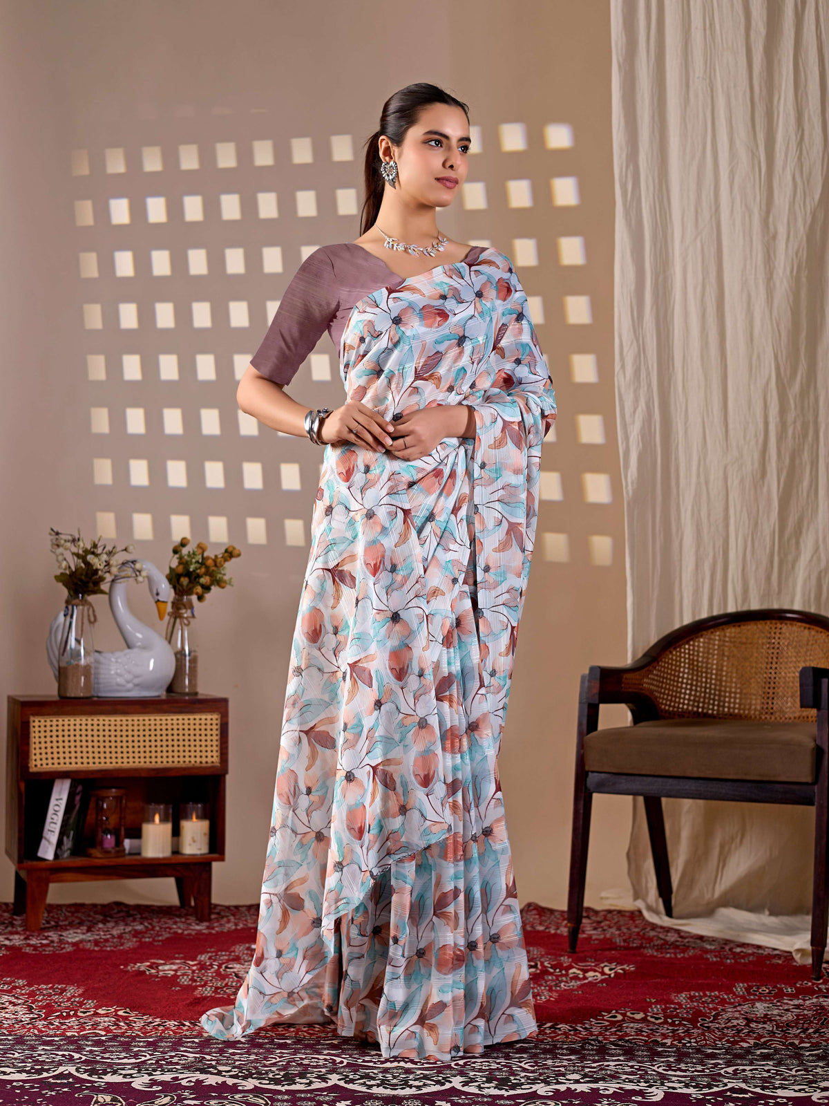 Multi Monsoon Printed Saree with Light Brown Blouse - 5.5 Meter
