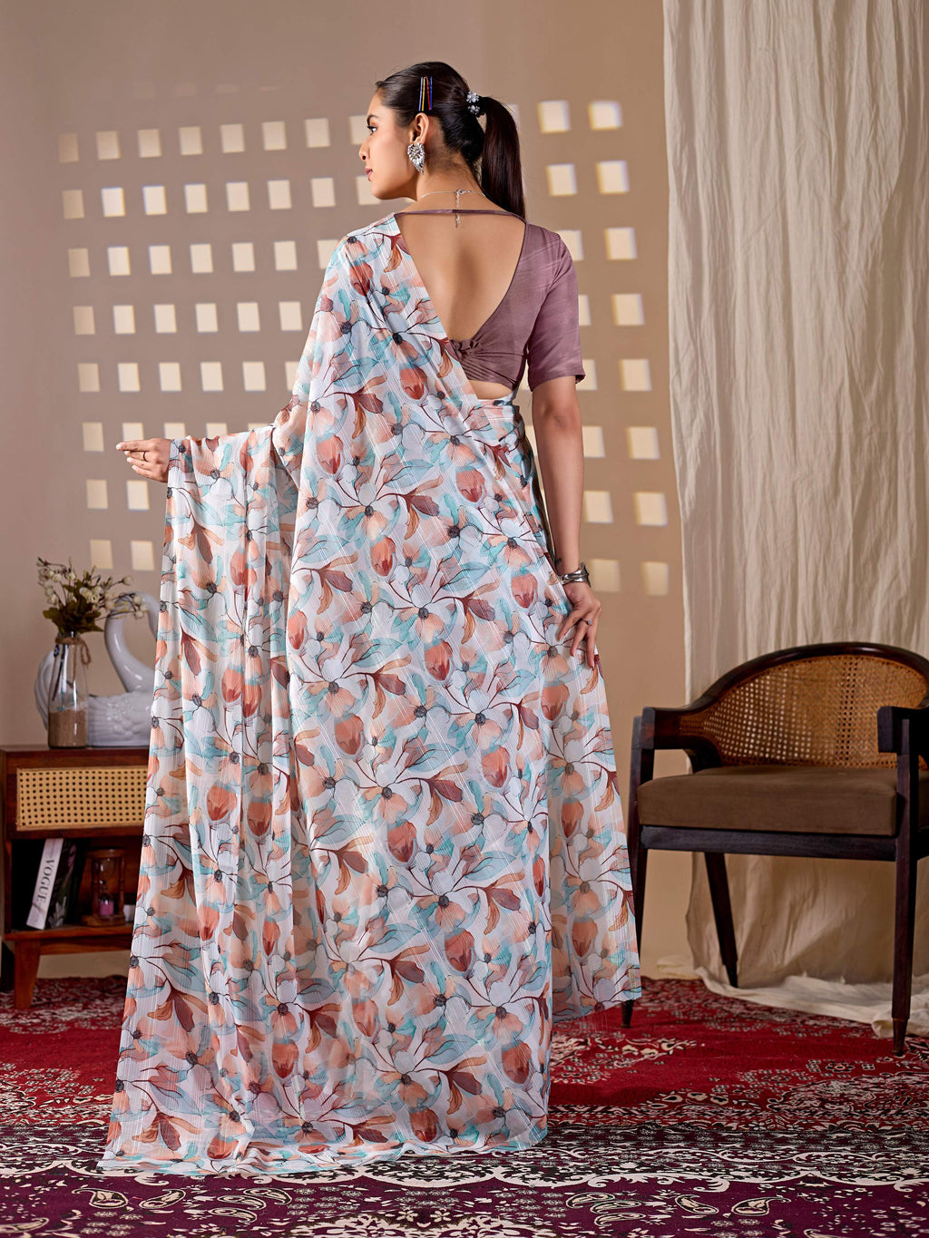 Multi Monsoon Printed Saree with Light Brown Blouse - 5.5 Meter