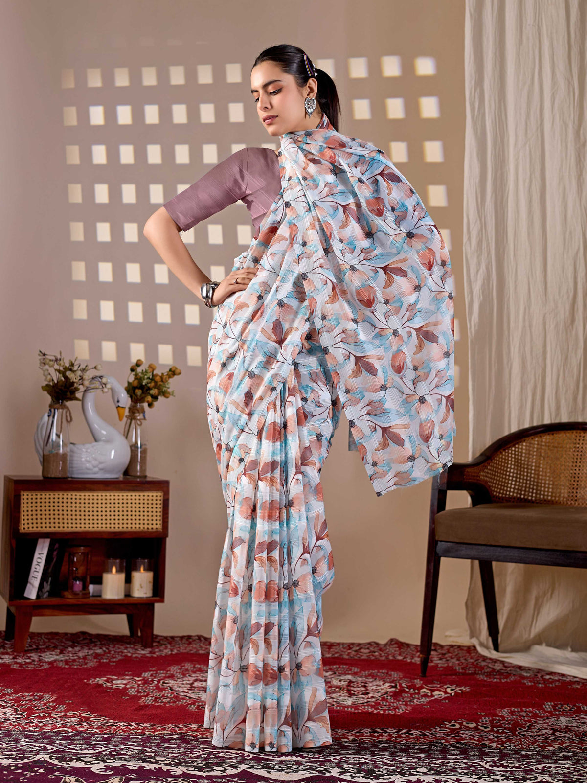 Multi Monsoon Printed Saree with Light Brown Blouse - 5.5 Meter