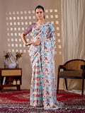 Multi-colored monsoon fabric printed saree with light brown blouse piece