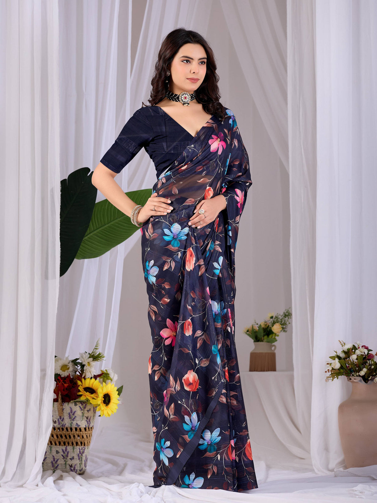 Multi Monsoon Printed Saree with Navy Blue Blouse - Elegant Drape