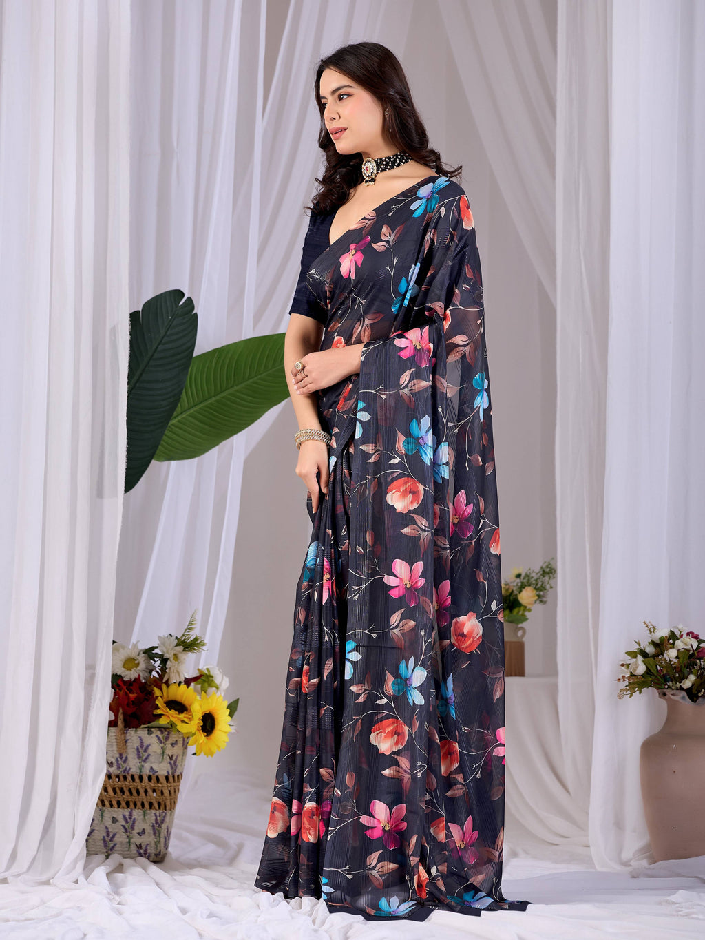 Aastha Fashion Multi Monsoon Printed Saree with Navy Blue Blouse piece
