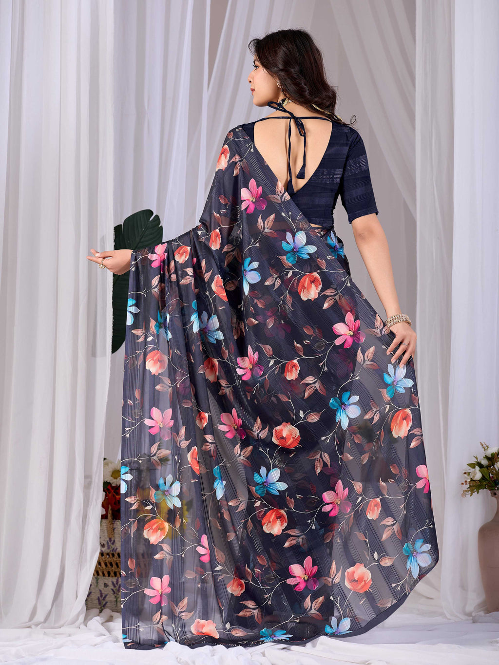 Multi Monsoon Printed Saree with Navy Blue Blouse - Elegant Drape