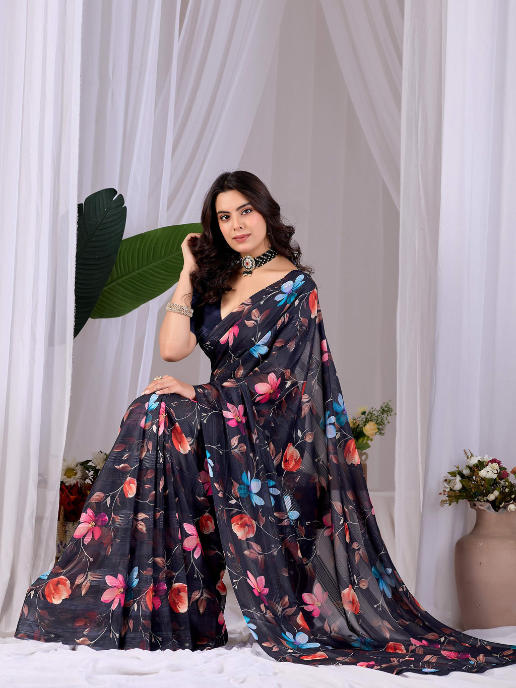 Multi Monsoon Printed Saree with Navy Blue Blouse - Elegant Drape