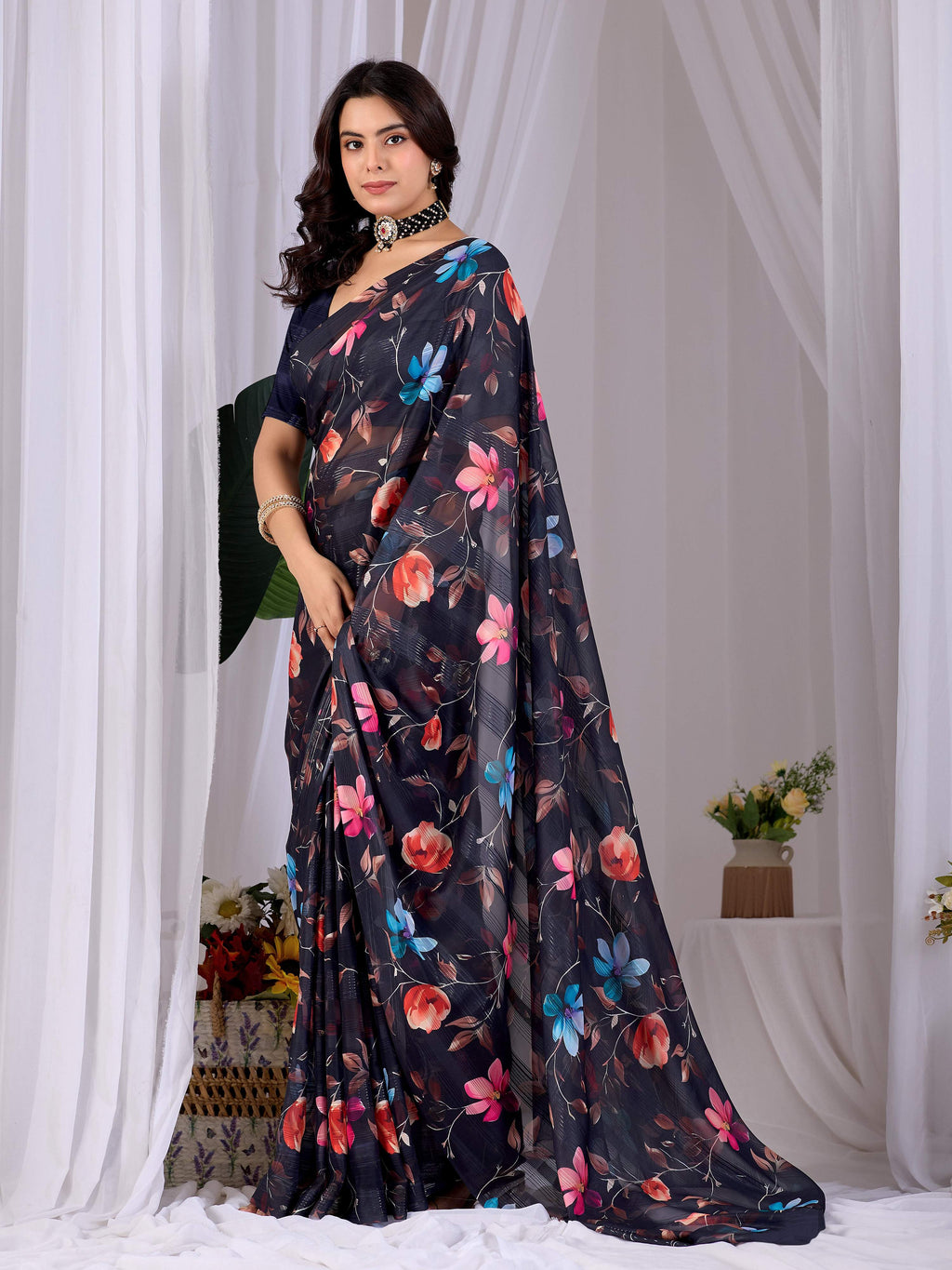 Multi Monsoon Printed Saree with Navy Blue Blouse - Elegant Drape