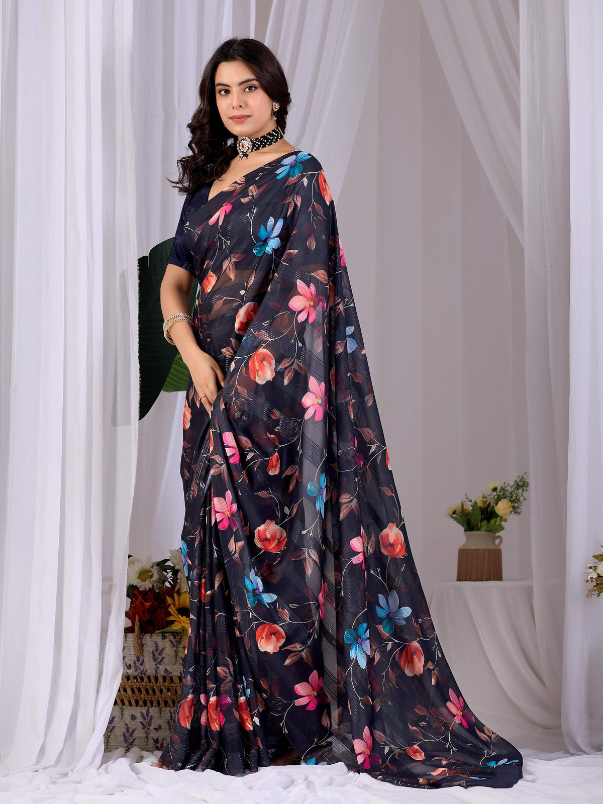 Multi Monsoon Printed Saree with Navy Blue Blouse - Elegant Drape