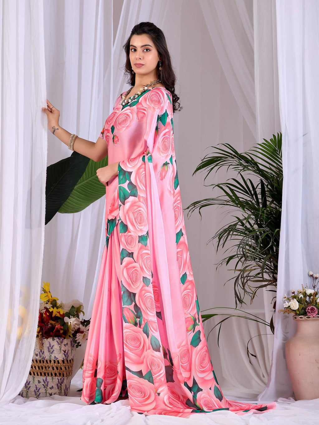 Pink soft satin floral digital print saree with matching pink blouse